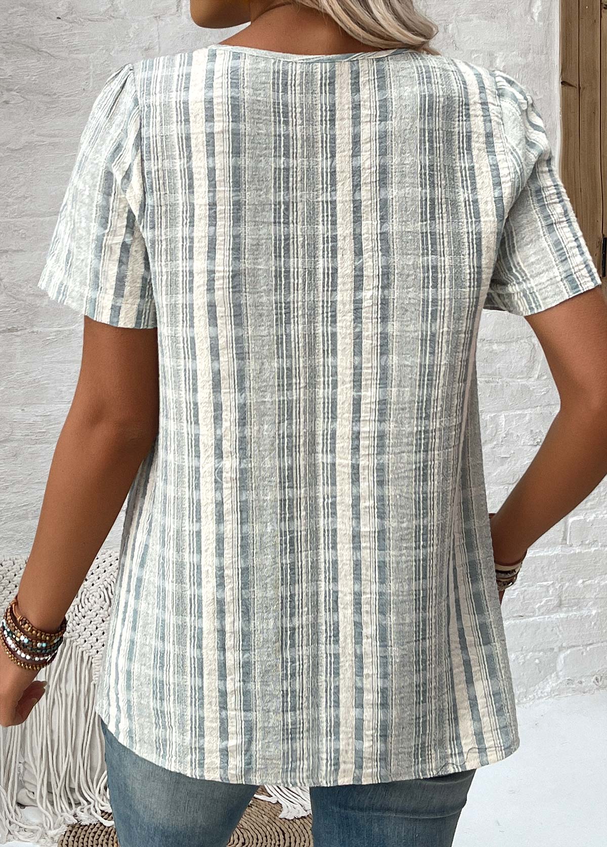 Light Green Split Striped Short Sleeve Blouse | picture 