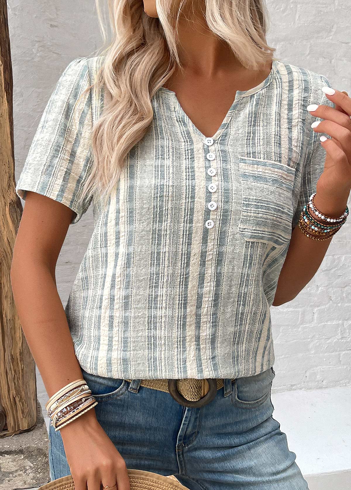 Light Green Split Striped Short Sleeve Blouse | picture 