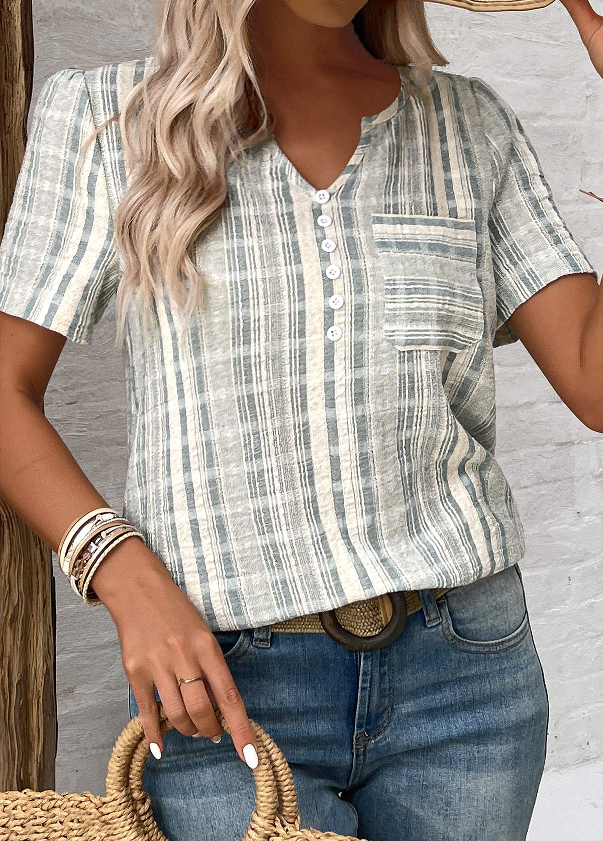 Light Green Split Striped Short Sleeve Blouse | picture 