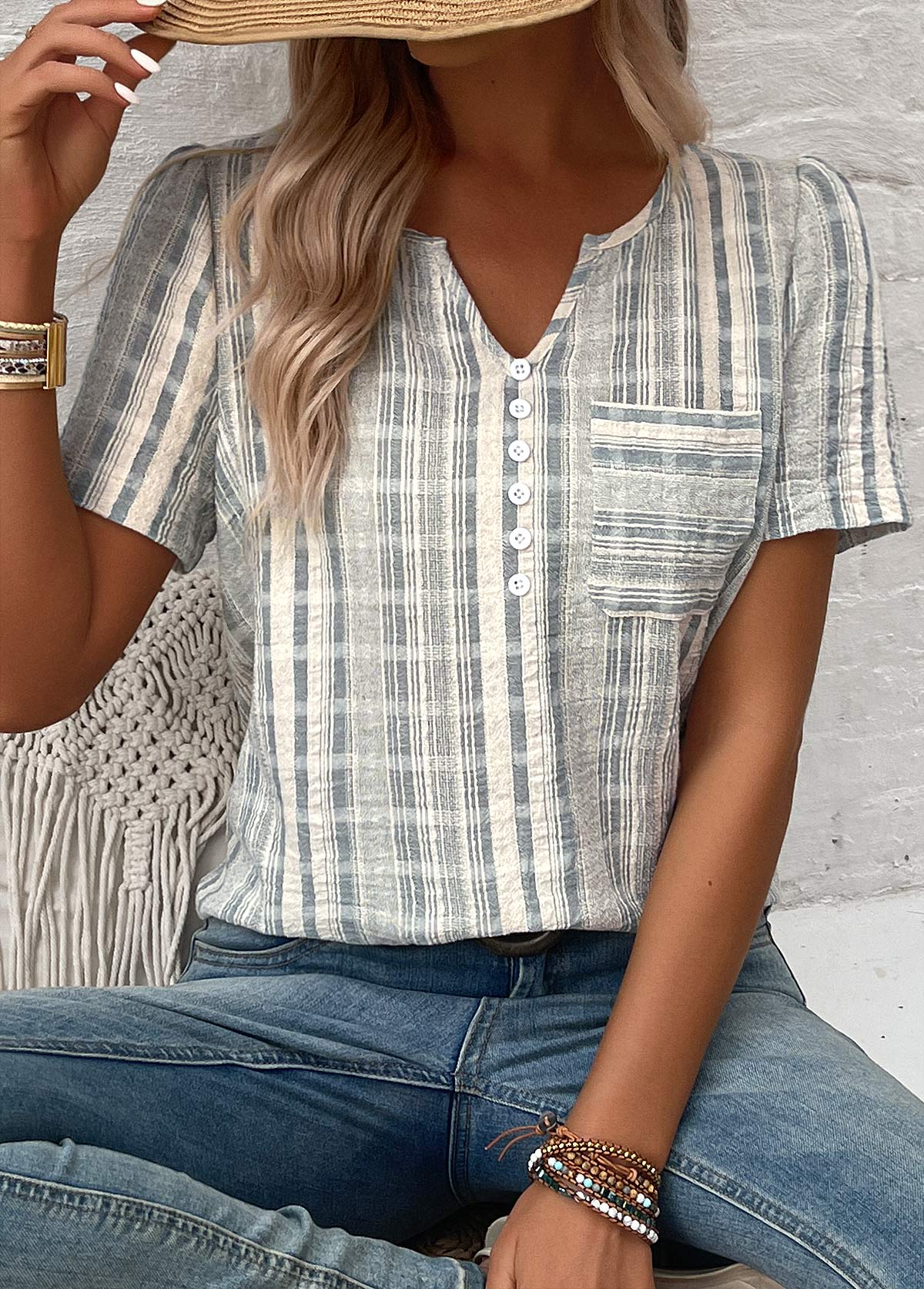 Light Green Split Striped Short Sleeve Blouse | picture 