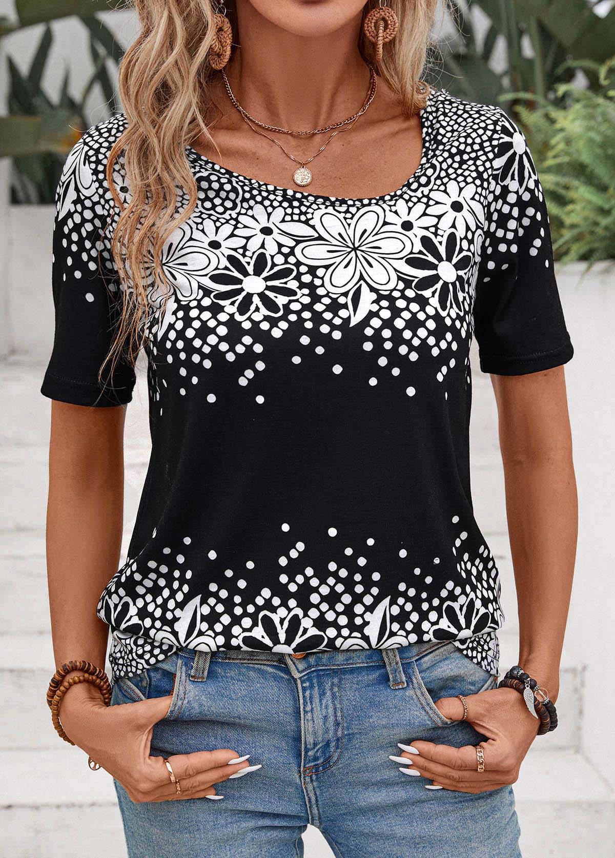 Black Floral Print Short Sleeve Asymmetrical Neck T Shirt | picture 