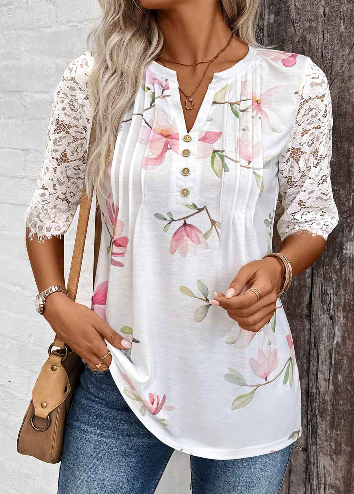 White Tuck Stitch Floral Print Half Sleeve T Shirt | picture 