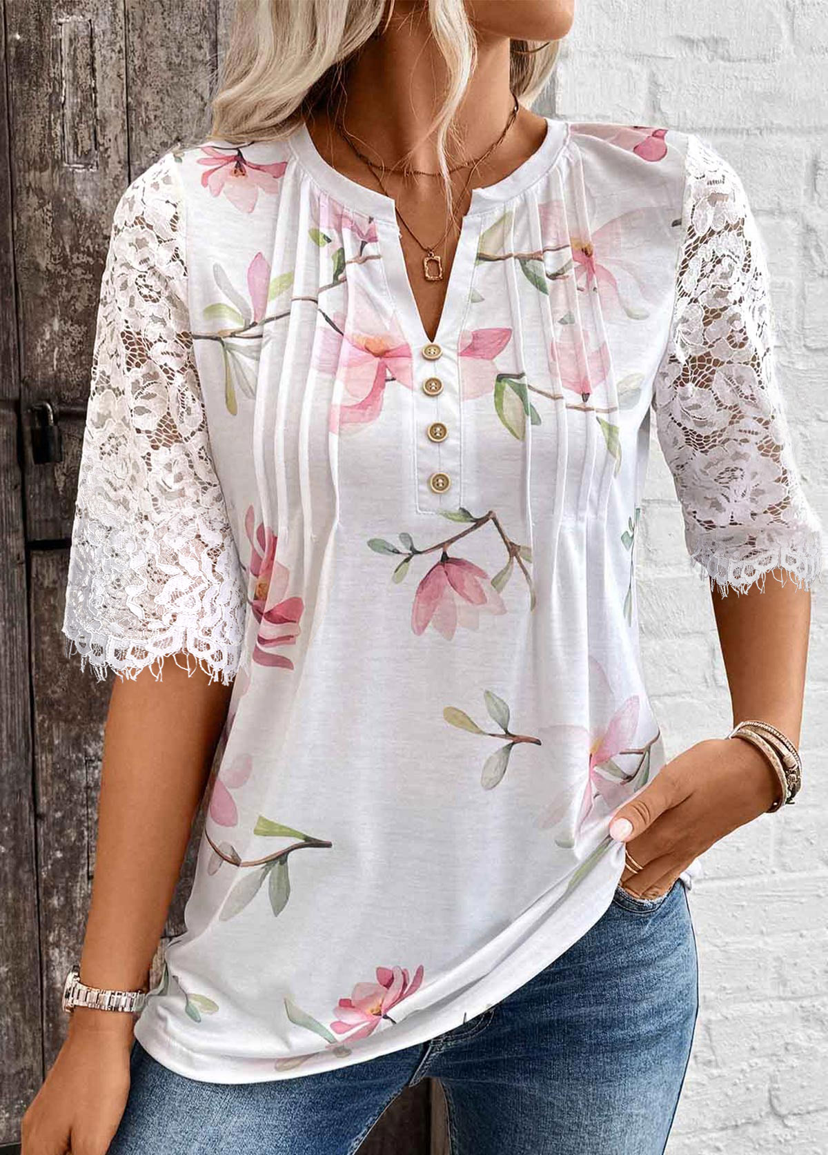 White Tuck Stitch Floral Print Half Sleeve T Shirt | picture 