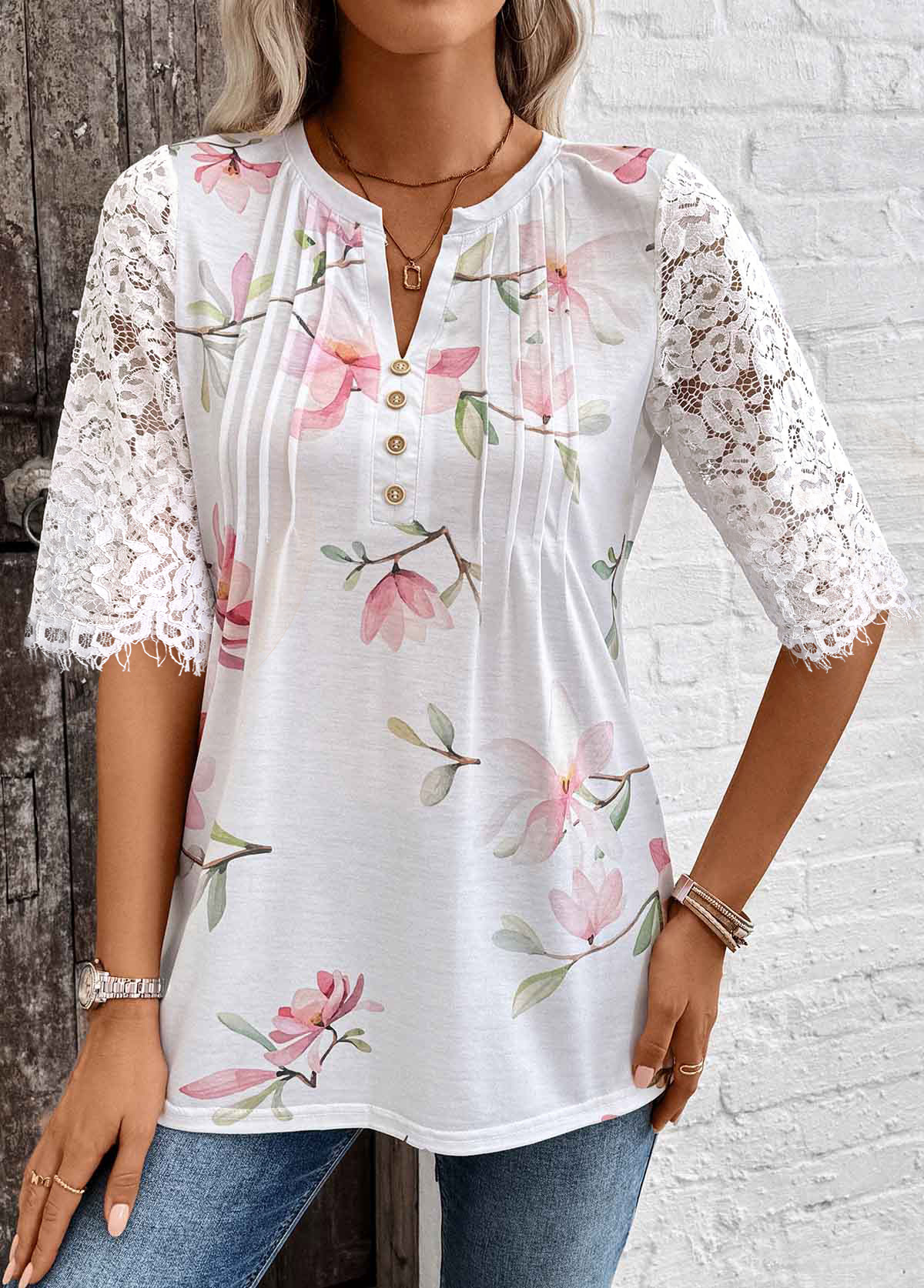 White Tuck Stitch Floral Print Half Sleeve T Shirt | picture 