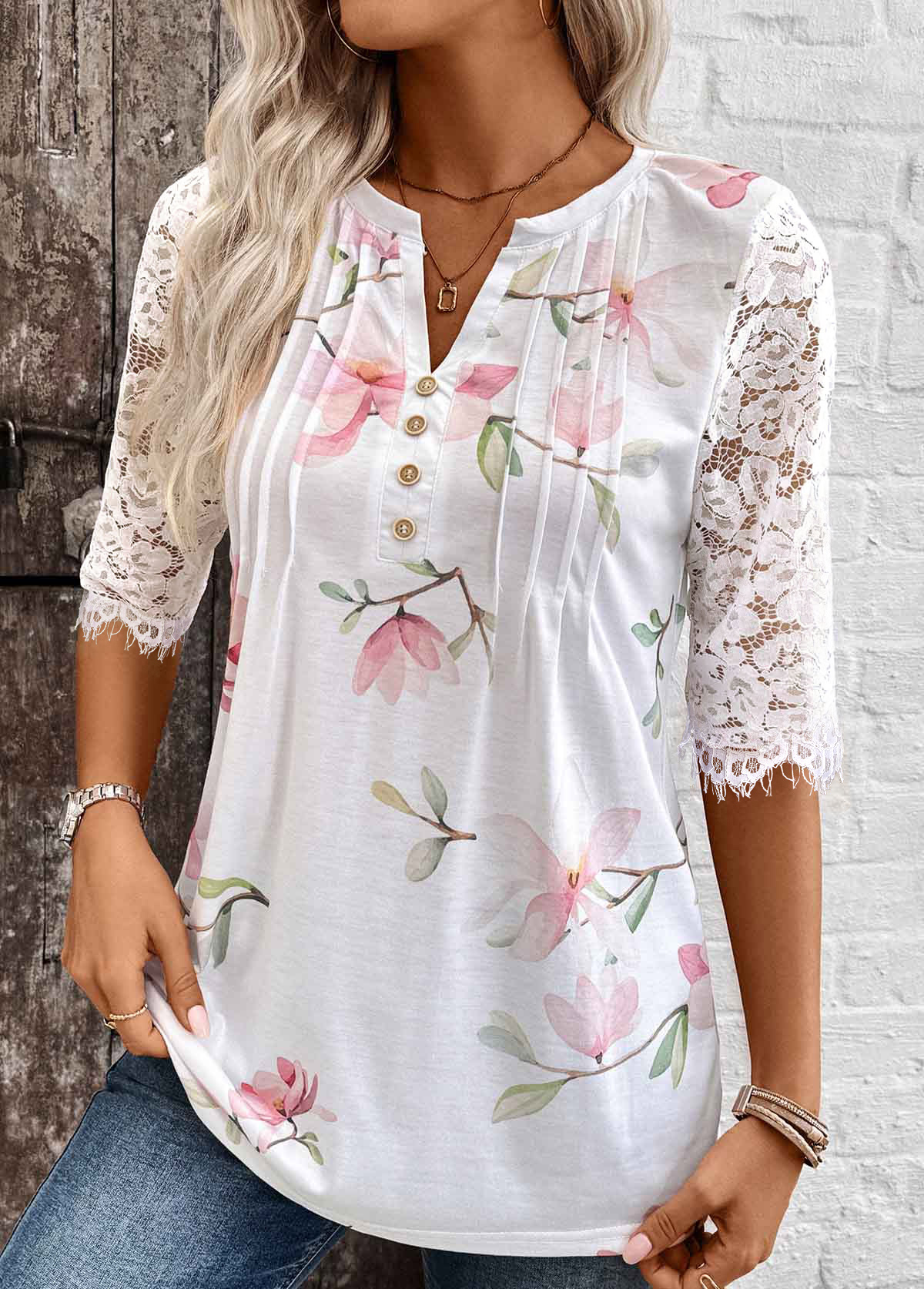 White Tuck Stitch Floral Print Half Sleeve T Shirt | picture 