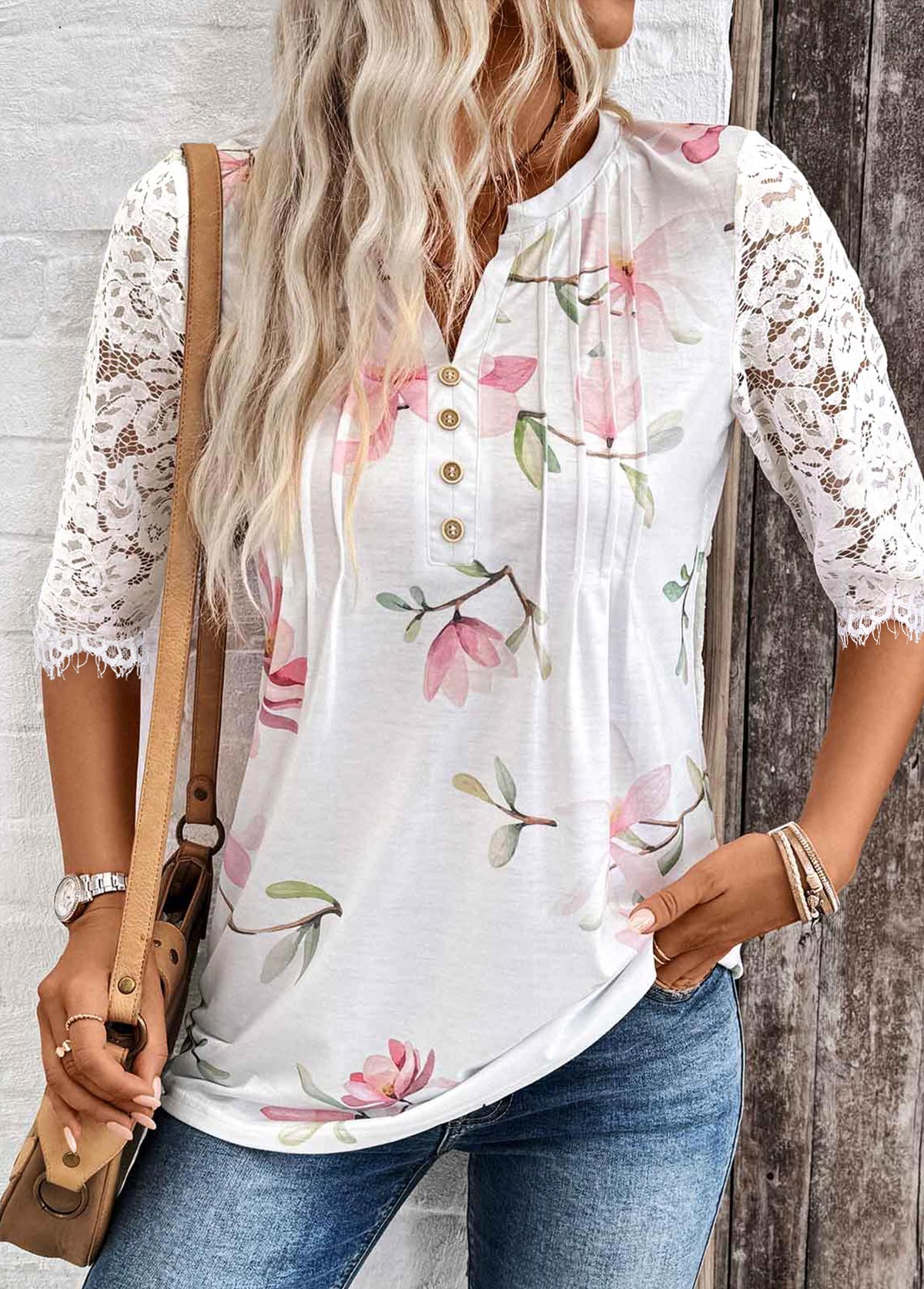 White Tuck Stitch Floral Print Half Sleeve T Shirt | picture 