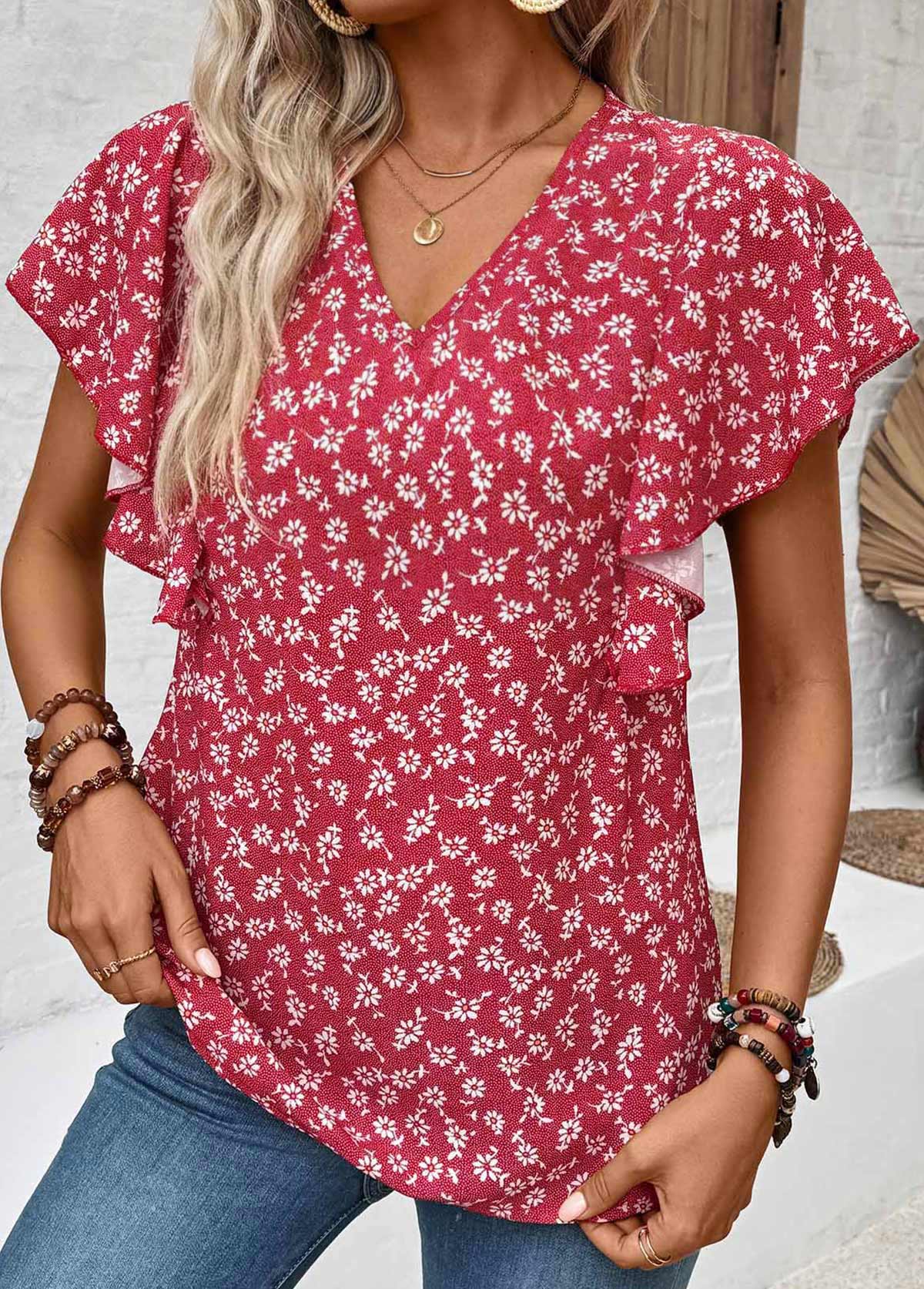Wine Red Ruffle Ditsy Floral Print Short Sleeve Blouse | picture 