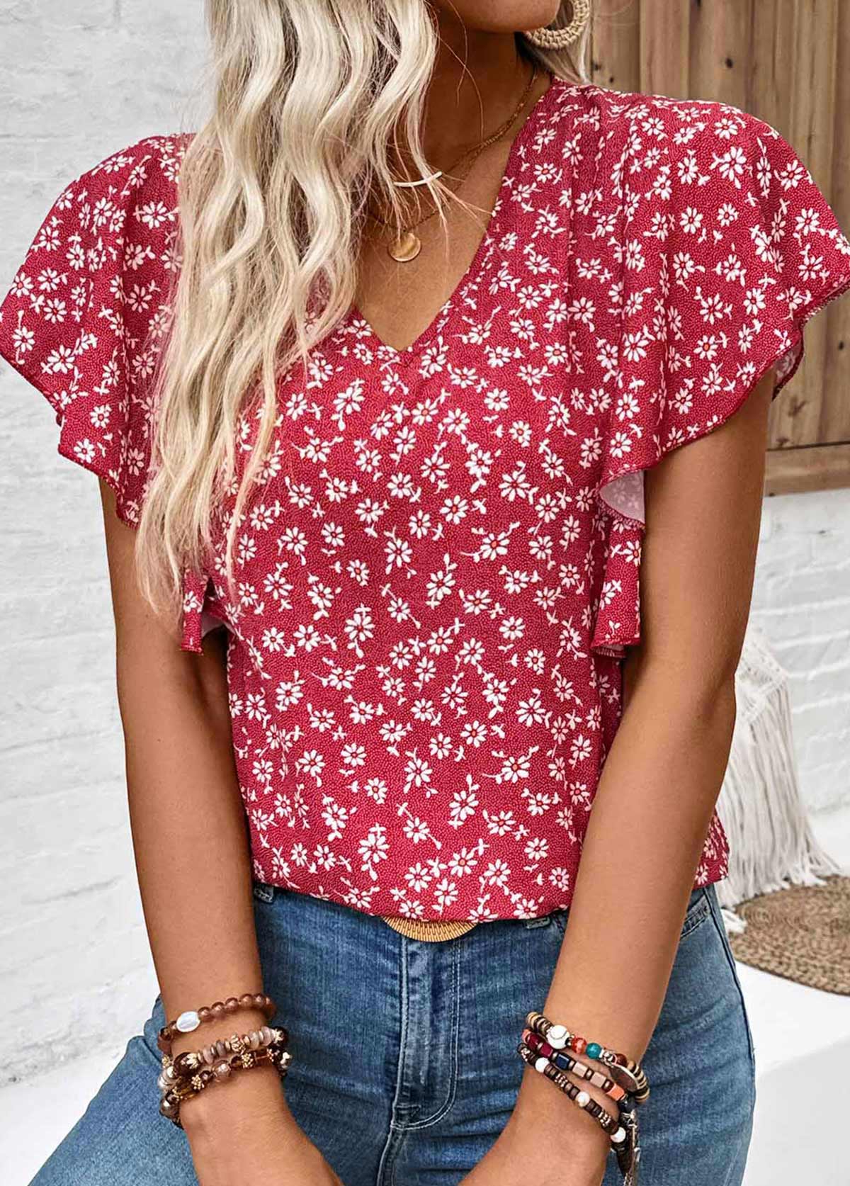 Wine Red Ruffle Ditsy Floral Print Short Sleeve Blouse | picture 