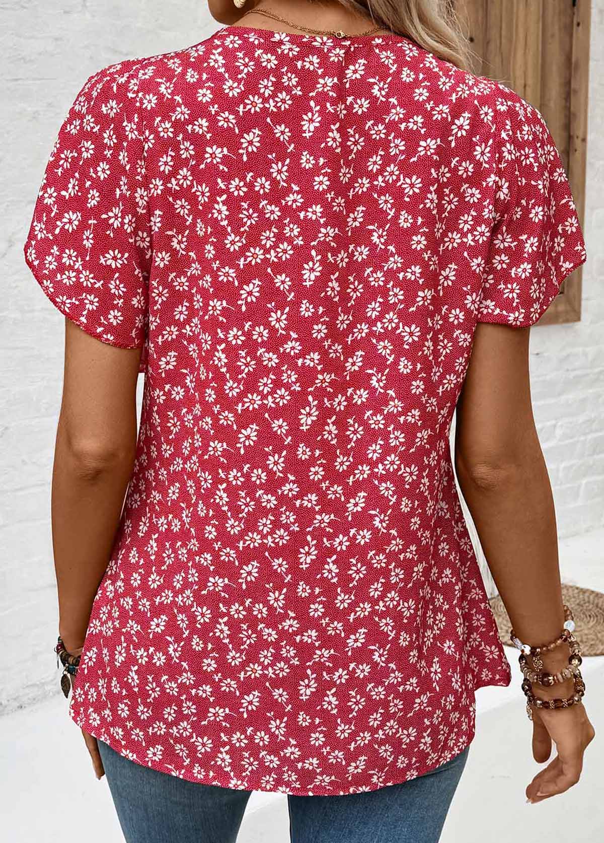 Wine Red Ruffle Ditsy Floral Print Short Sleeve Blouse | picture 