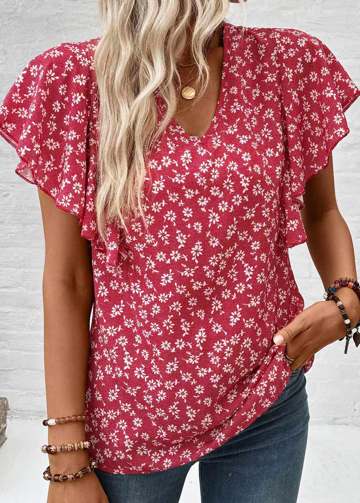 Wine Red Ruffle Ditsy Floral Print Short Sleeve Blouse | picture 