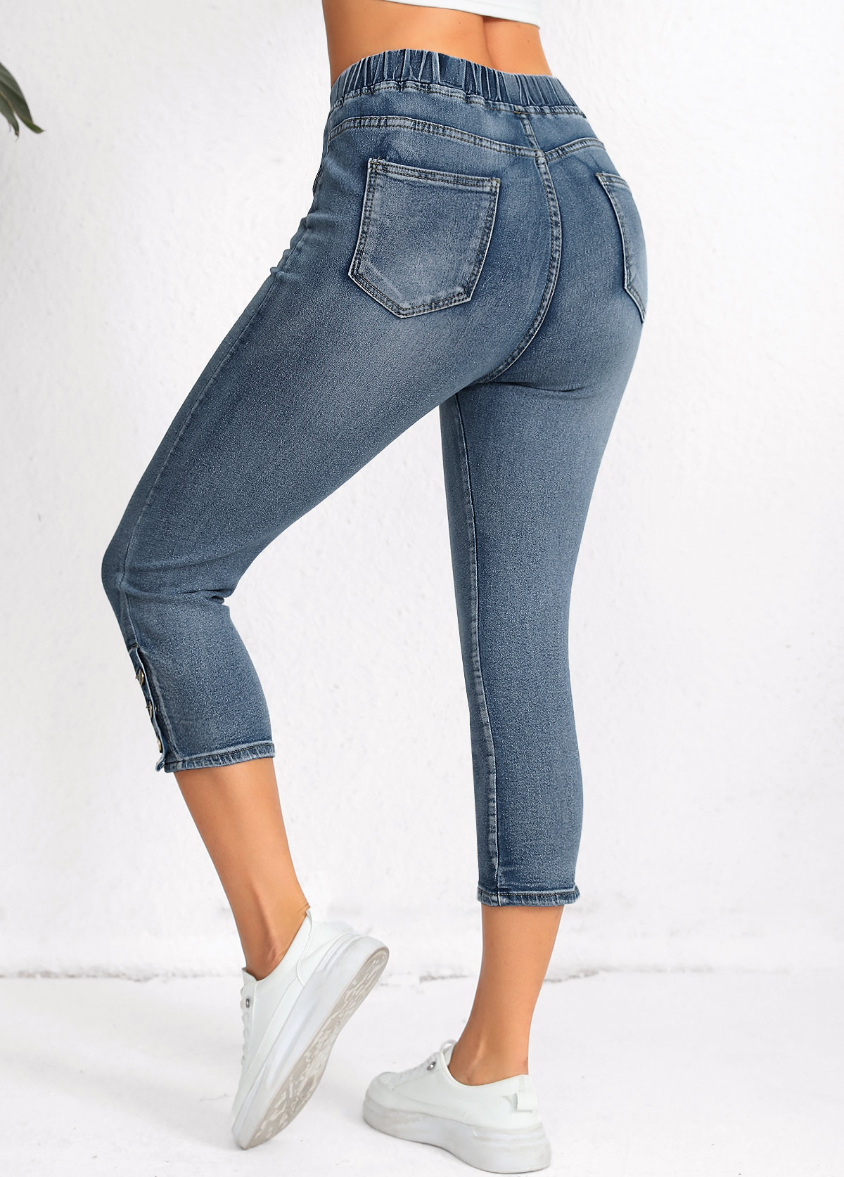 Denim Blue Pocket Regular Elastic Waist High Waisted Jeans | picture 