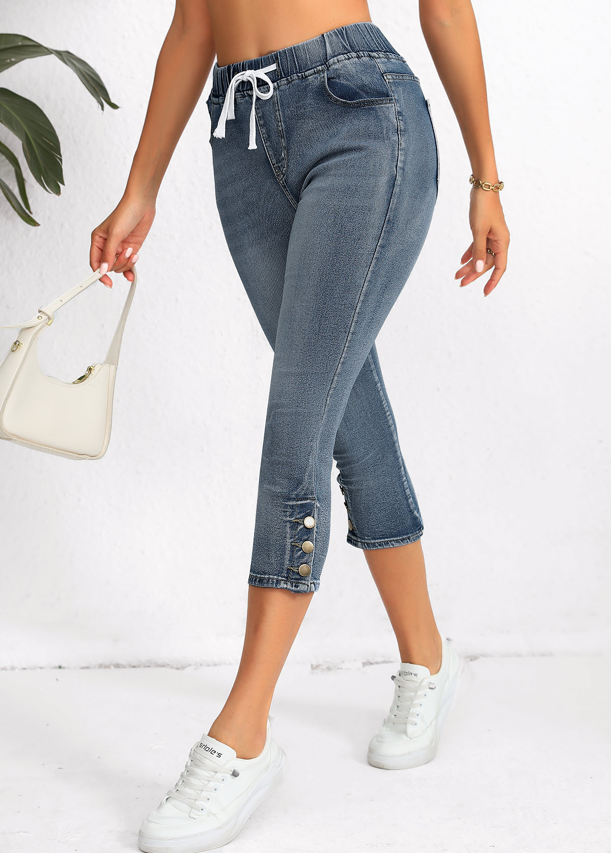 Denim Blue Pocket Regular Elastic Waist High Waisted Jeans | picture 