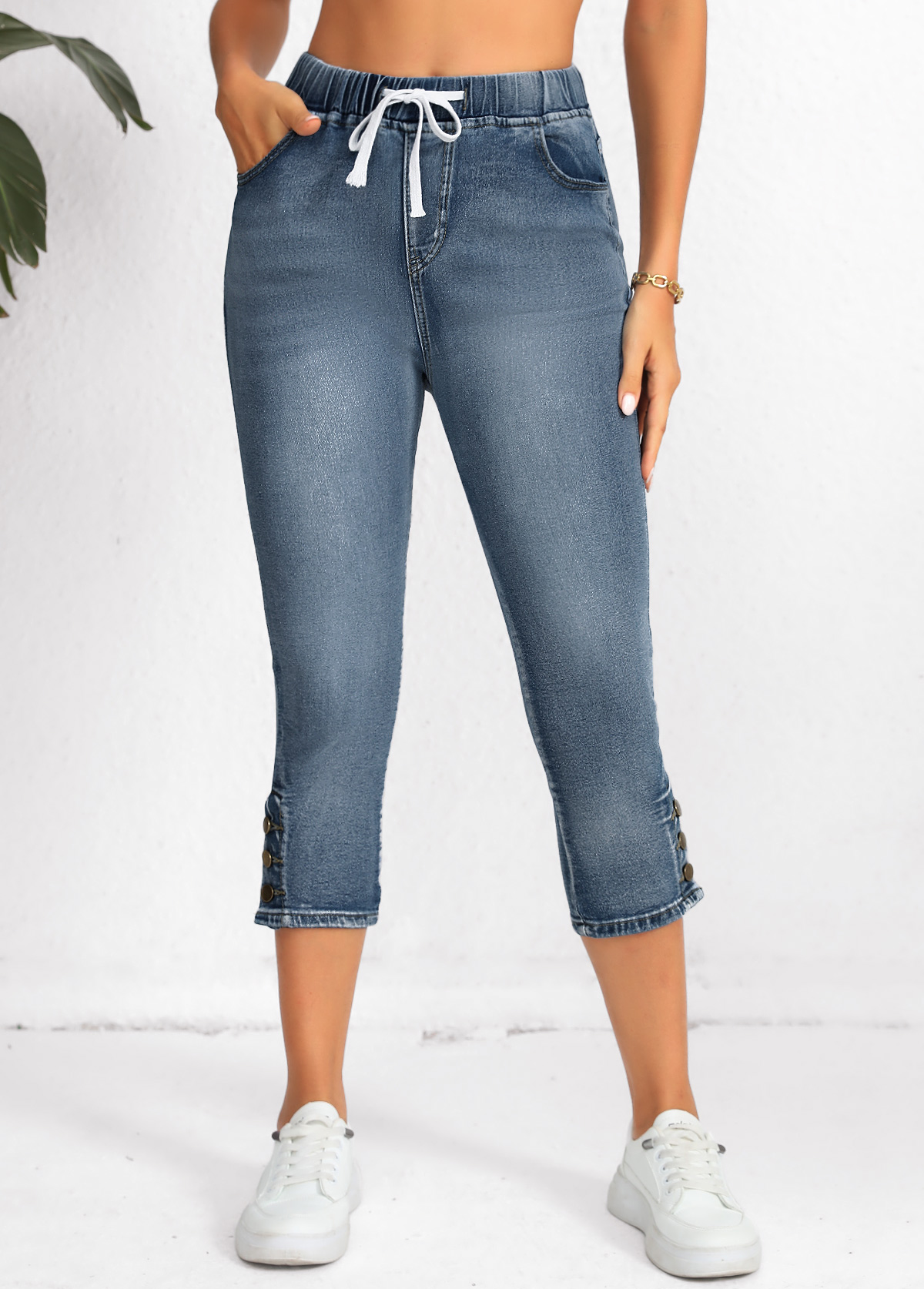 Denim Blue Pocket Regular Elastic Waist High Waisted Jeans | picture 