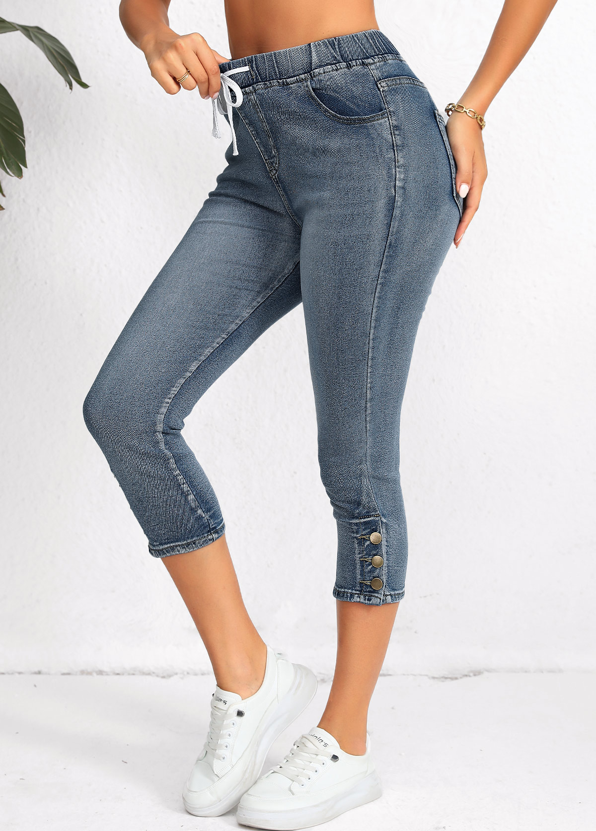 Denim Blue Pocket Regular Elastic Waist High Waisted Jeans | picture 
