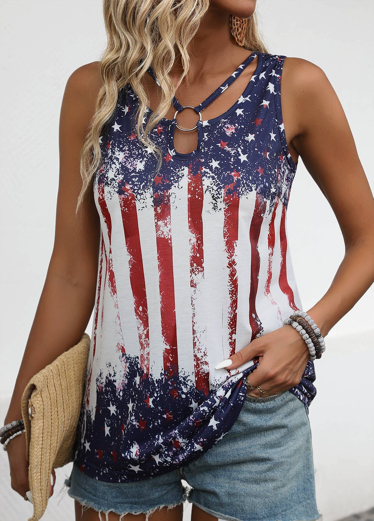 American Flag Multi Color Cut Out Sleeveless Tank Top | picture 