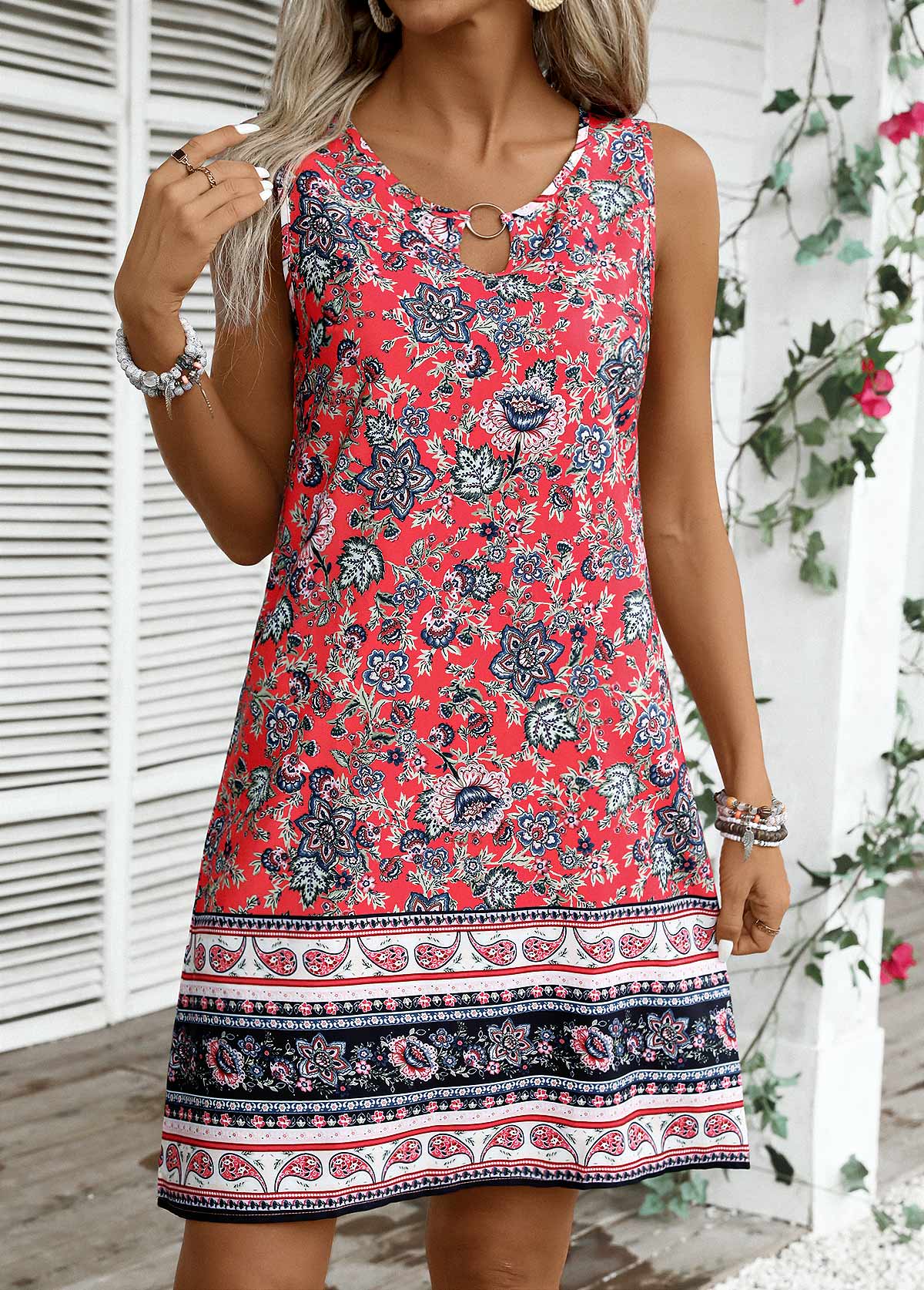 Coral Tummy Coverage Tribal Print Sleeveless Round Neck Dress | picture 