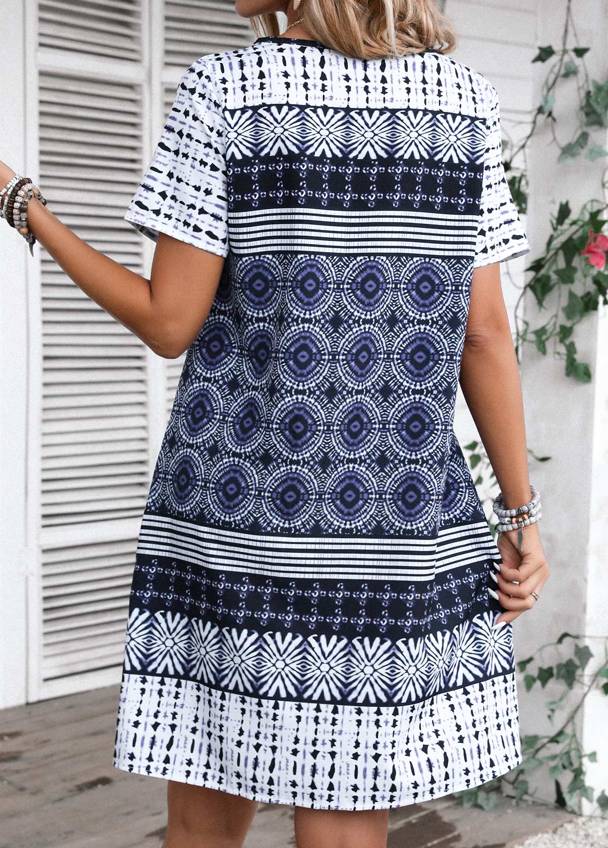 Blue Tribal Print A Line Short Sleeve Dress | picture 