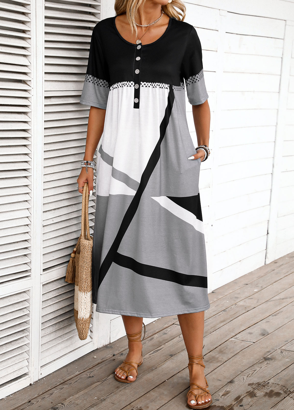 Dark Grey Button Geometric Print Half Sleeve Dress | picture 