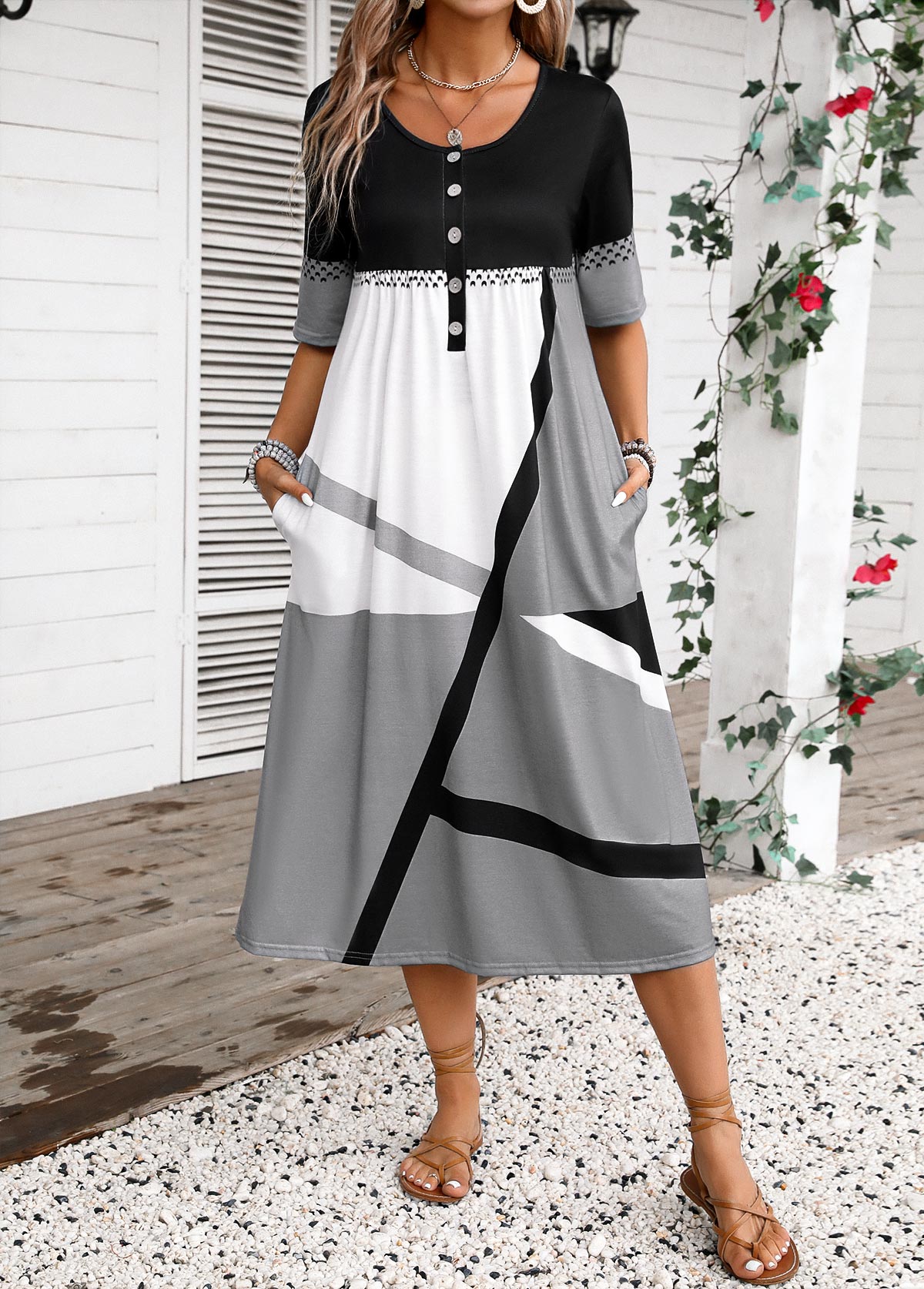 Dark Grey Button Geometric Print Half Sleeve Dress | picture 