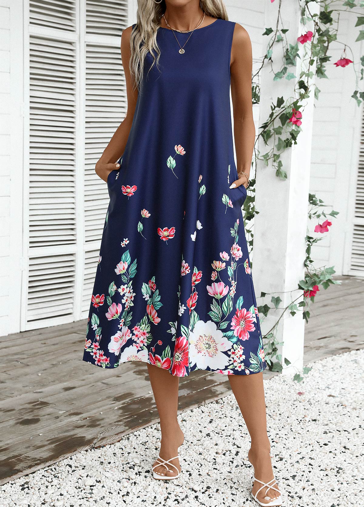 Navy Breathable Floral Print A Line Sleeveless Dress | picture 