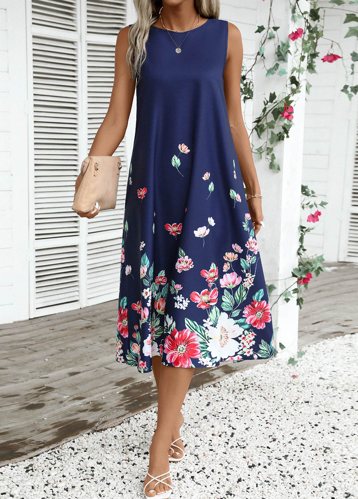 Navy Breathable Floral Print A Line Sleeveless Dress | picture 