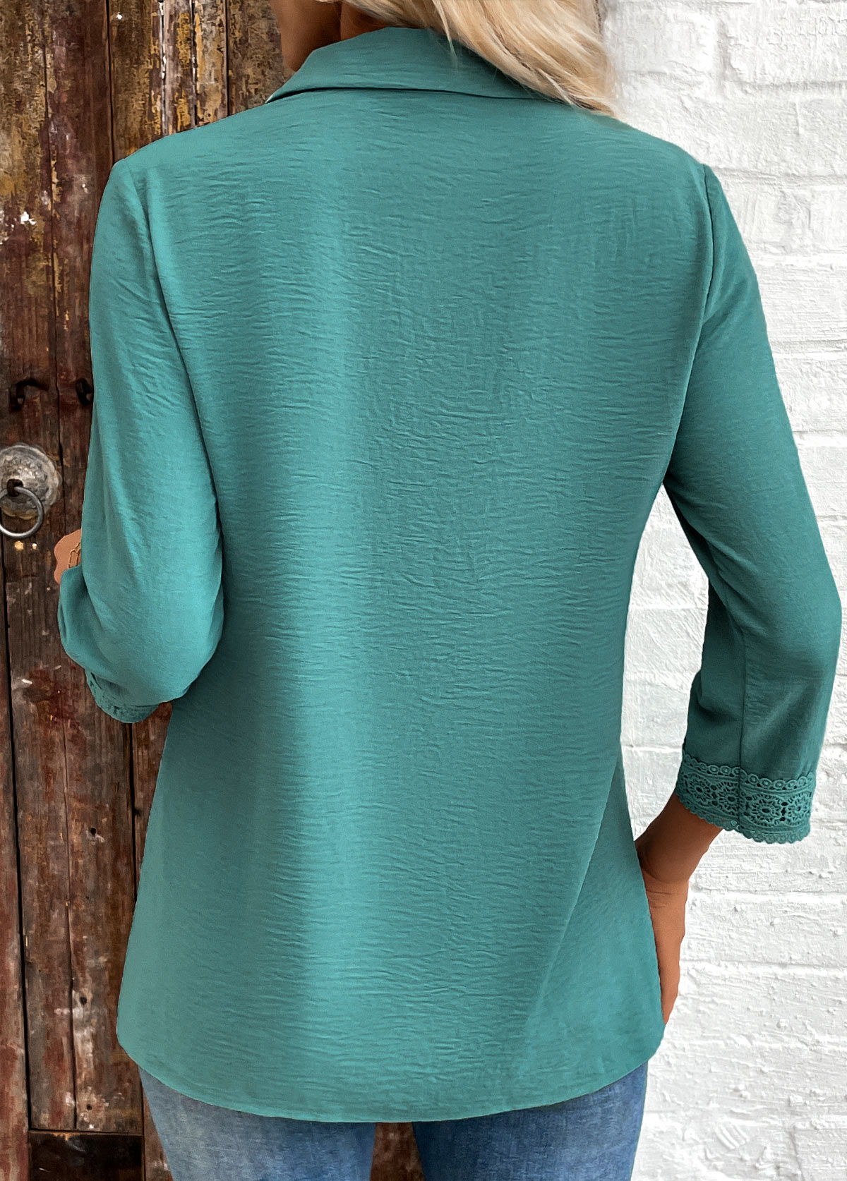 Turquoise Button Patchwork 3/4 Sleeve Shirt | picture 