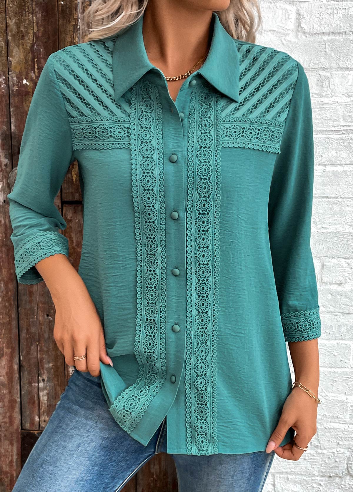 Turquoise Button Patchwork 3/4 Sleeve Shirt | picture 