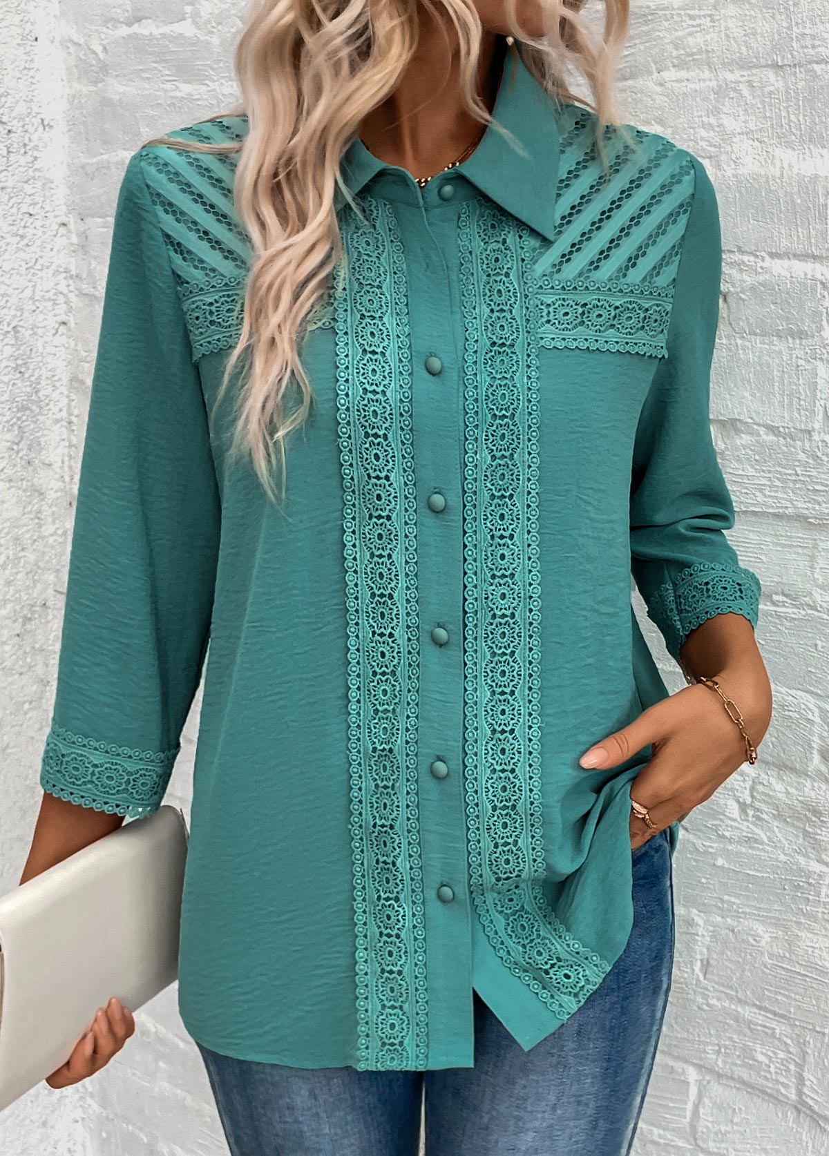 Turquoise Button Patchwork 3/4 Sleeve Shirt | picture 