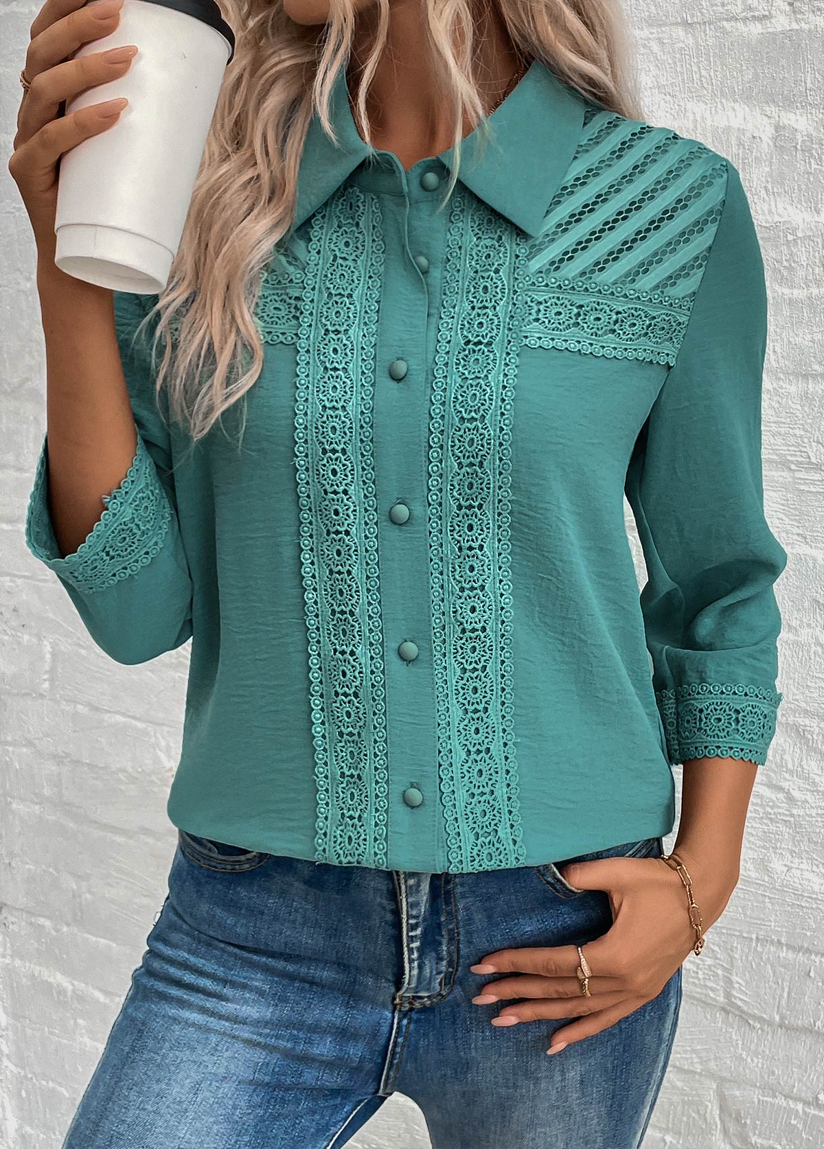 Turquoise Button Patchwork 3/4 Sleeve Shirt | picture 