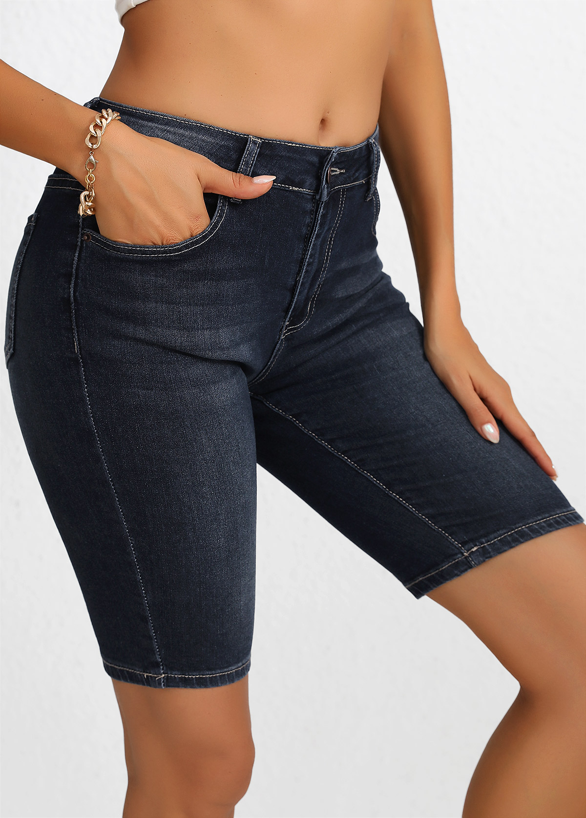 Black Button Regular High Waisted Denim Shorts | picture 