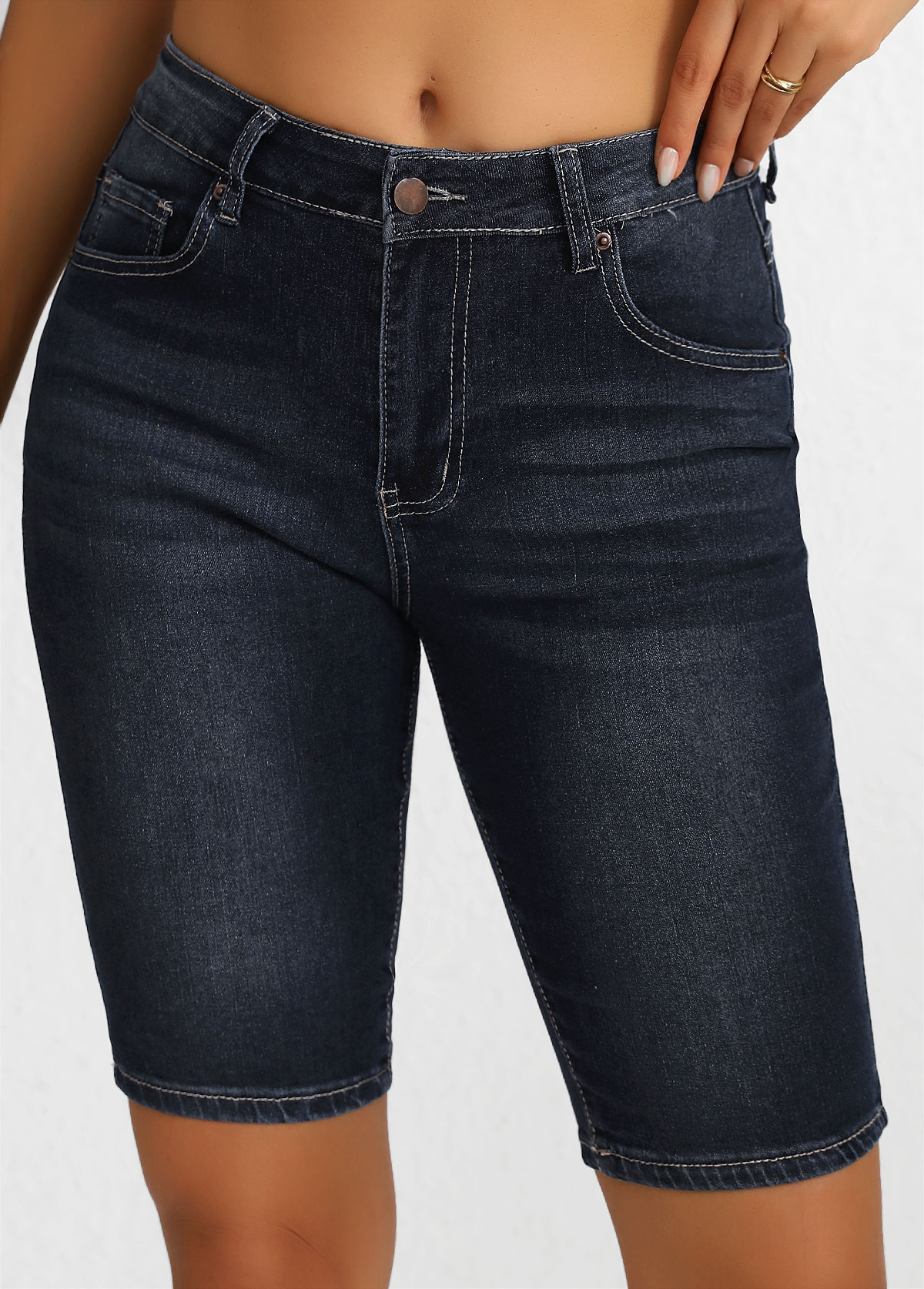 Black Button Regular High Waisted Denim Shorts | picture 