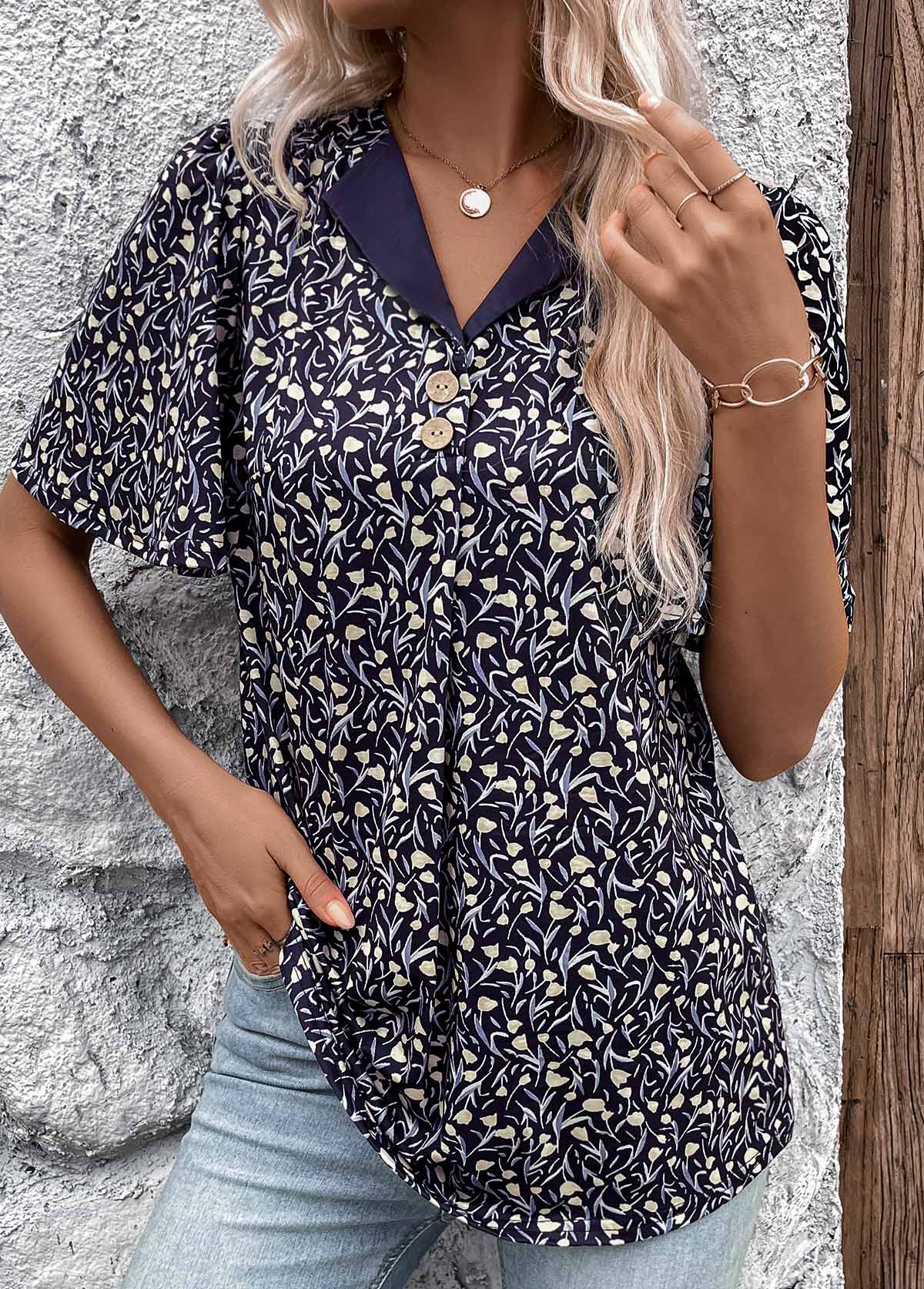 Navy Button Ditsy Floral Print Short Sleeve T Shirt | picture 