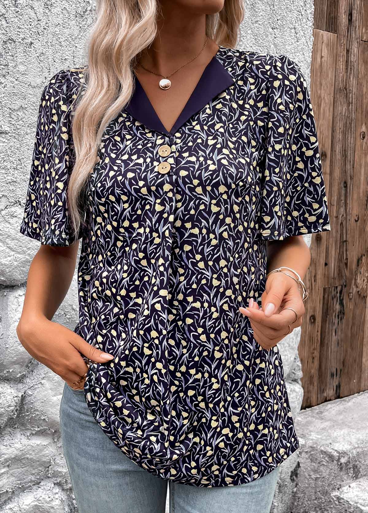 Navy Button Ditsy Floral Print Short Sleeve T Shirt | picture 