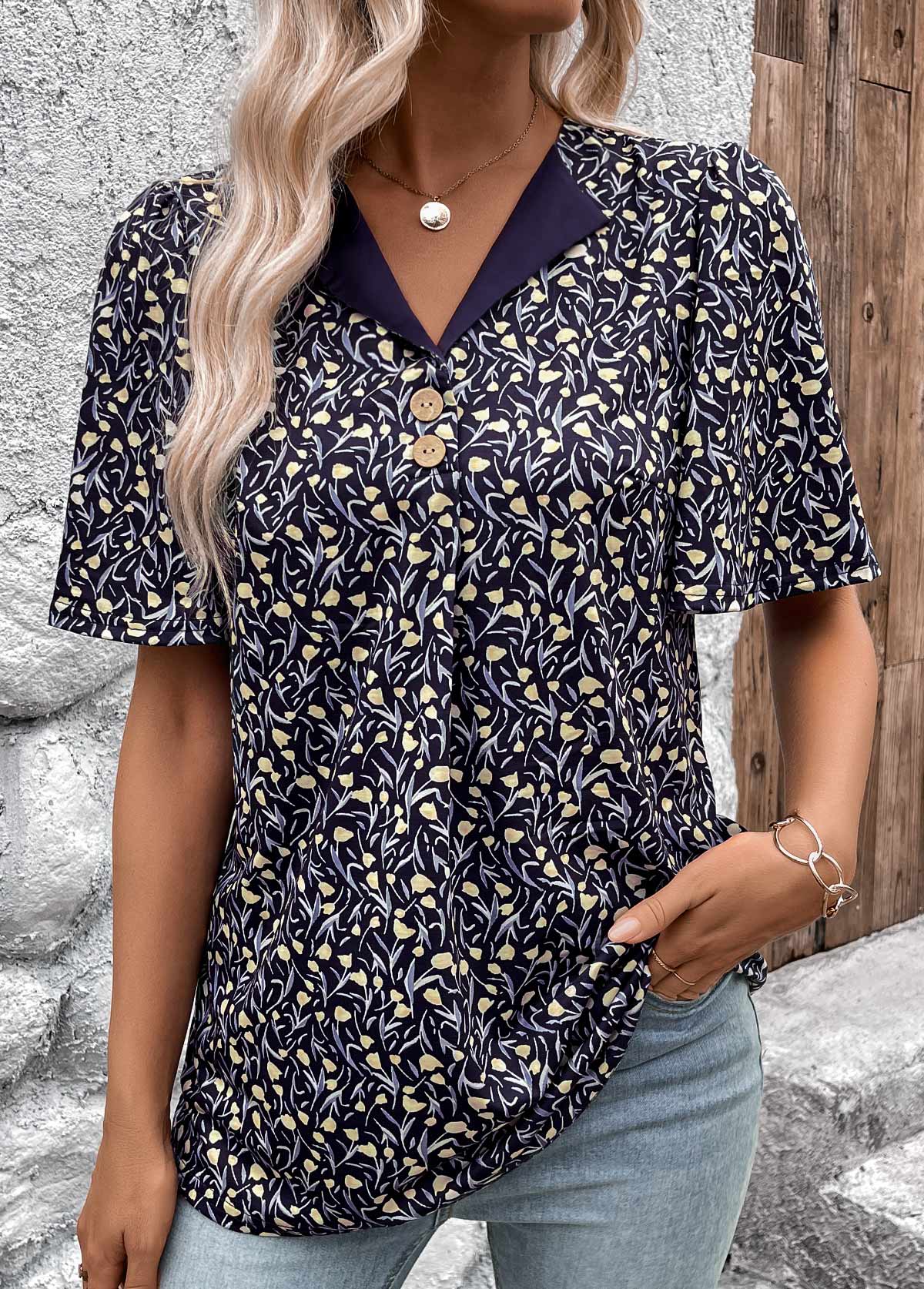 Navy Button Ditsy Floral Print Short Sleeve T Shirt | picture 