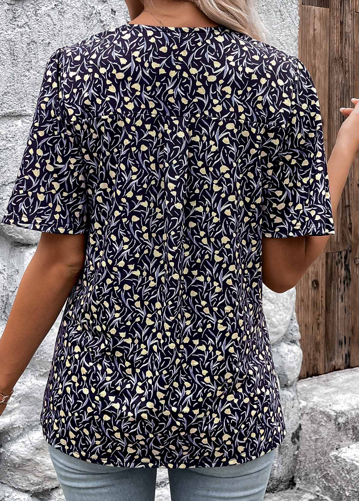 Navy Button Ditsy Floral Print Short Sleeve T Shirt | picture 