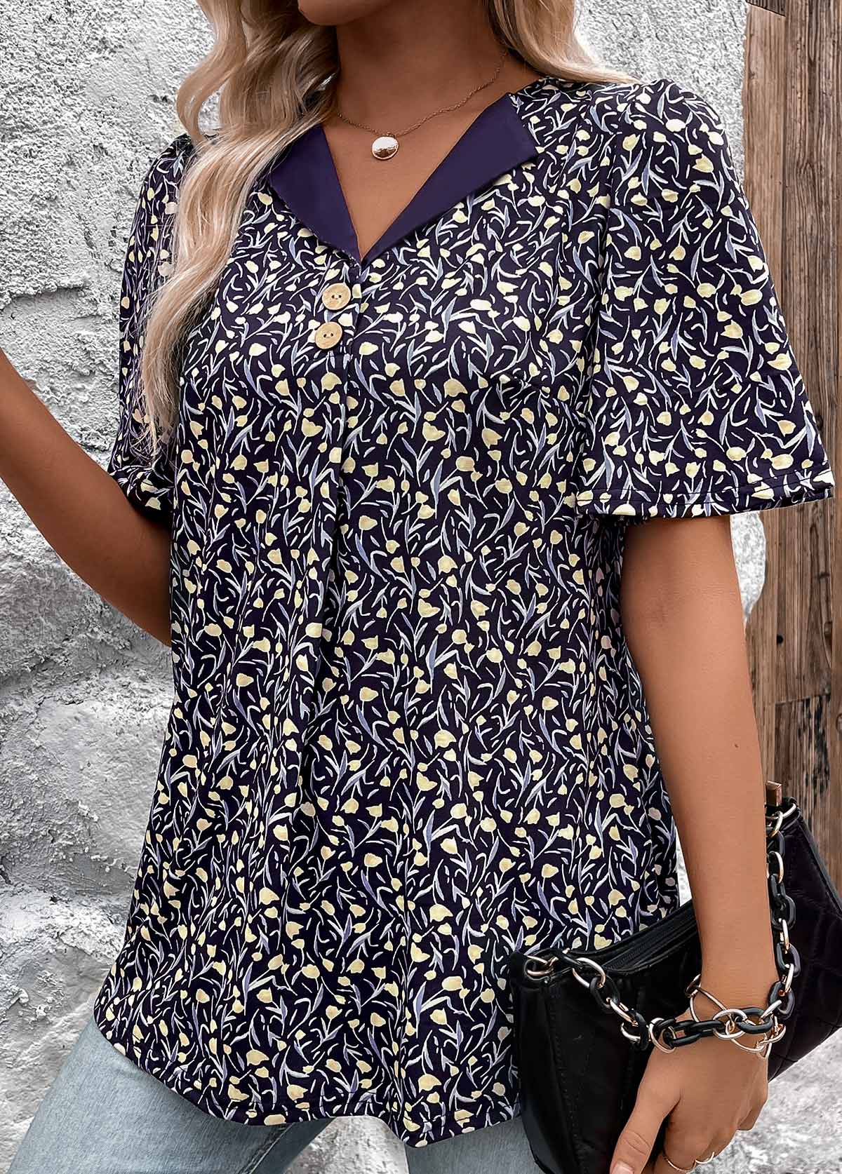 Navy Button Ditsy Floral Print Short Sleeve T Shirt | picture 