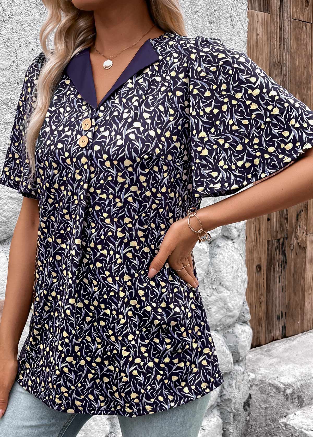 Navy Button Ditsy Floral Print Short Sleeve T Shirt | picture 