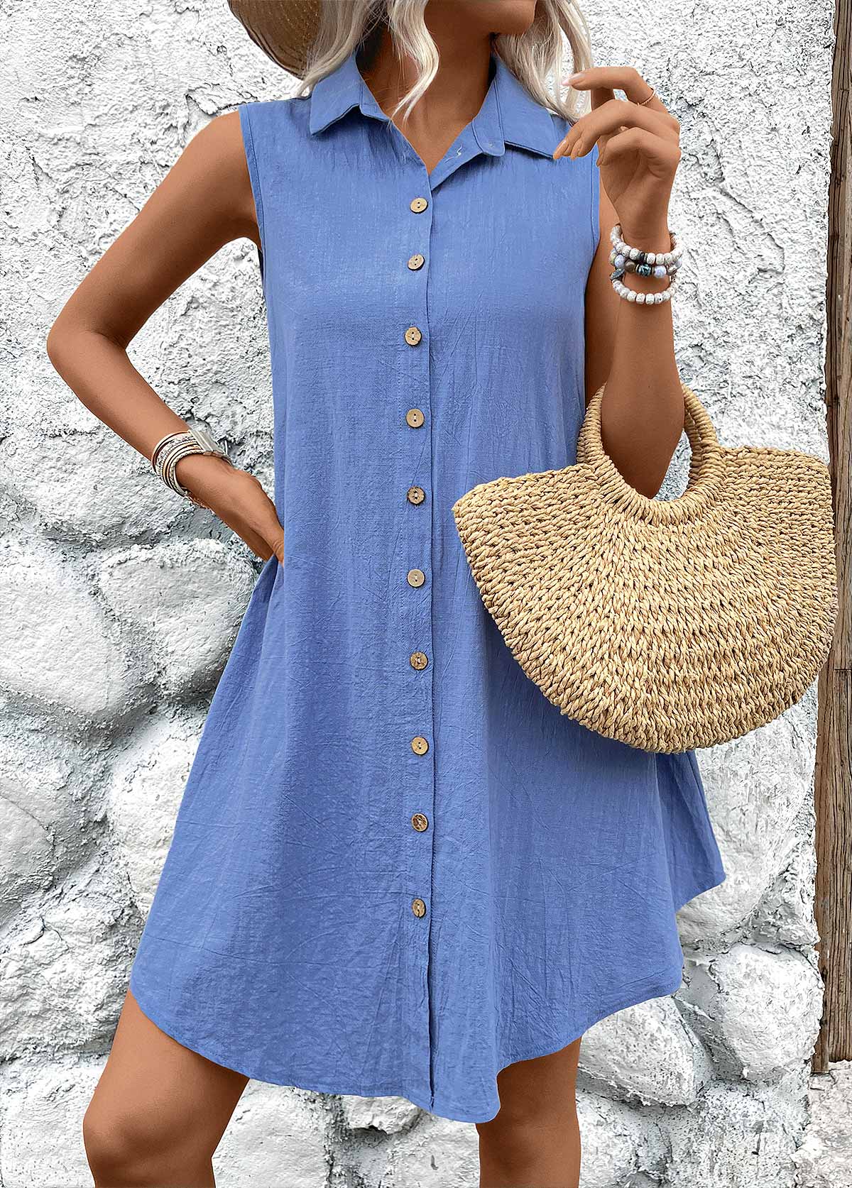 Denim Blue Button A Line Sleeveless Shirt Collar Dress | picture 