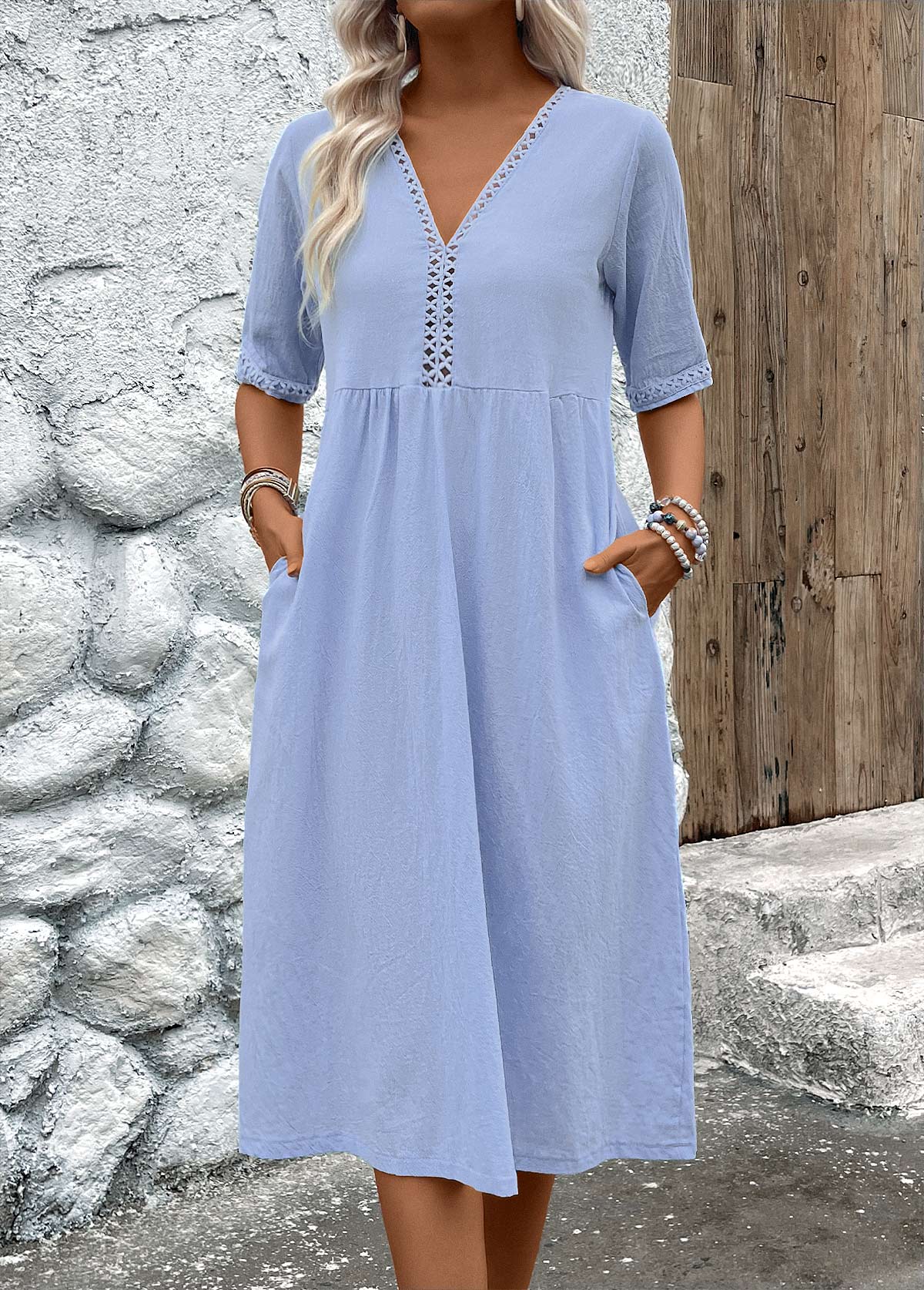 Light Blue Patchwork Half Sleeve V Neck Dress | picture 