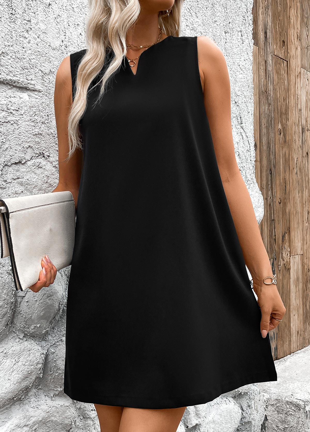 Black A Line Sleeveless Split Neck Dress | picture 