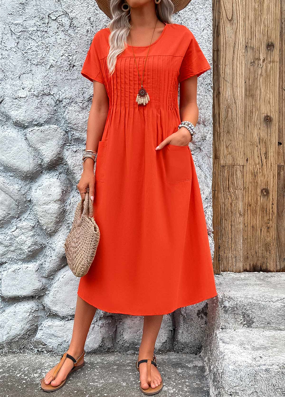 Neon Red Pleated Short Sleeve Round Neck Dress | picture 