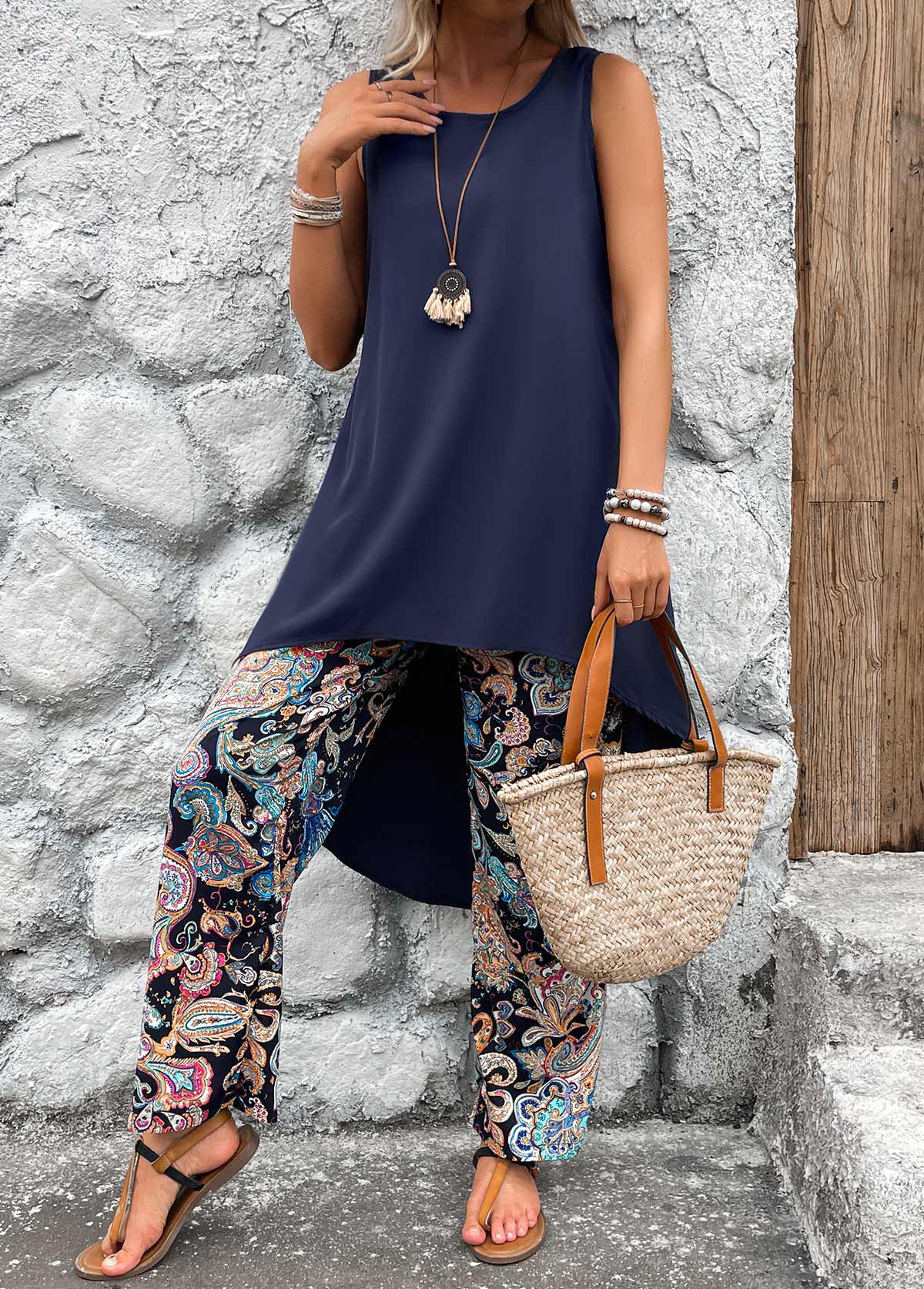 Navy Lightweight Tribal Print Ankle Length Top  and Pants | picture 