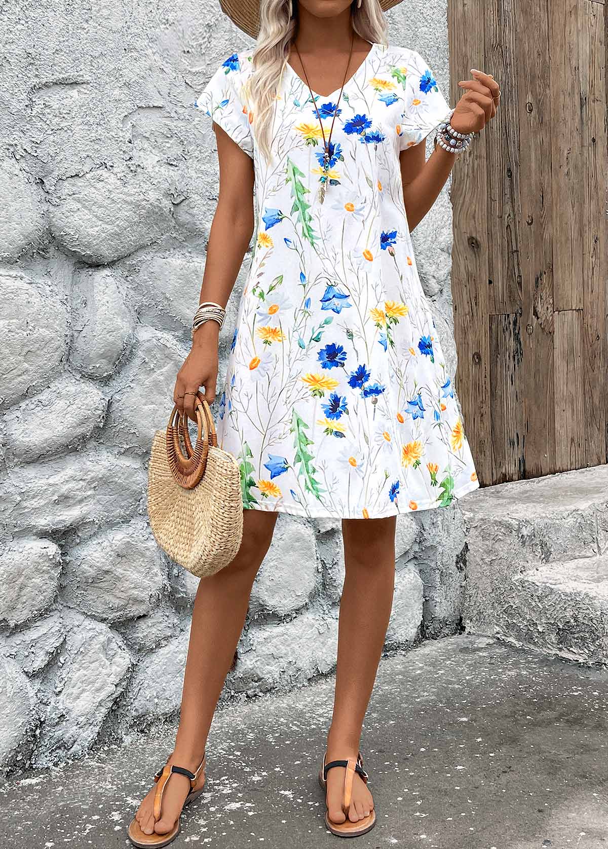 White Lightweight Floral Print A Line Short Sleeve Dress | picture 