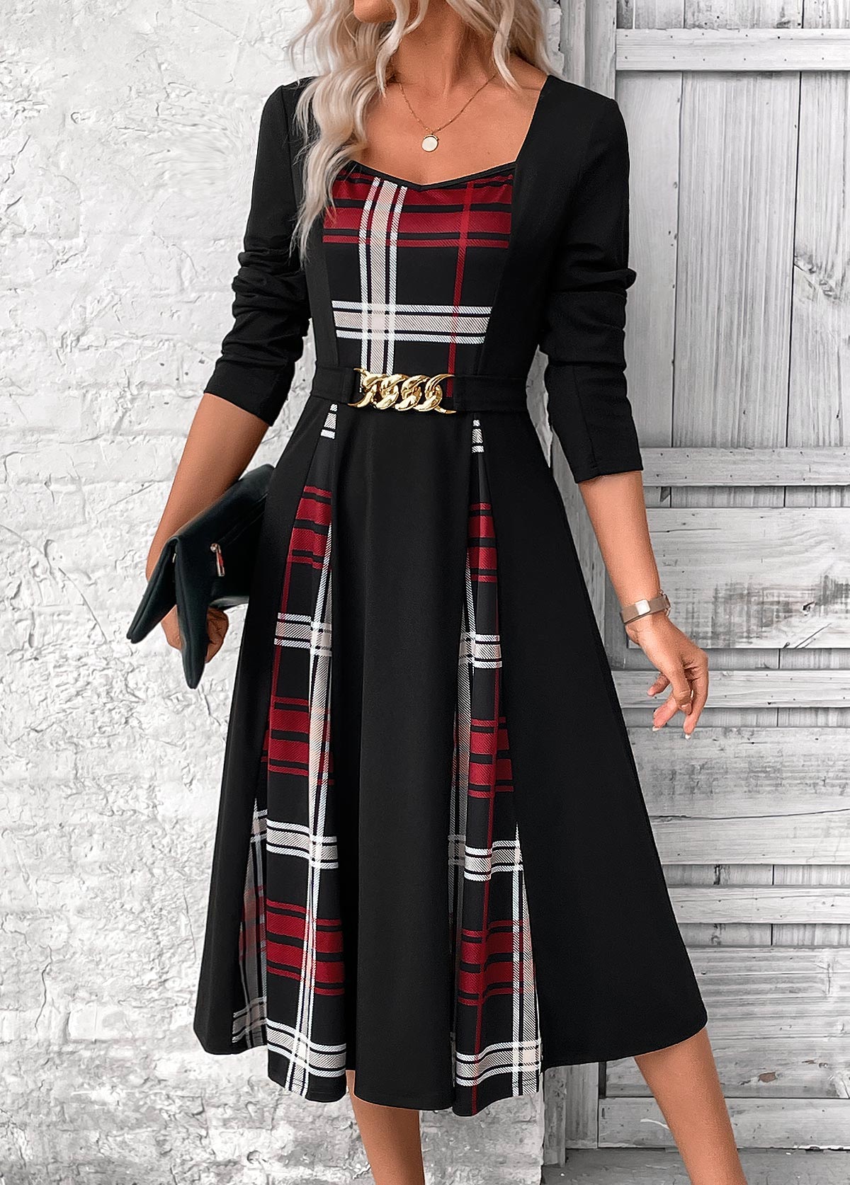 Black Patchwork Plaid Belted Long Sleeve Square Neck Dress | picture 