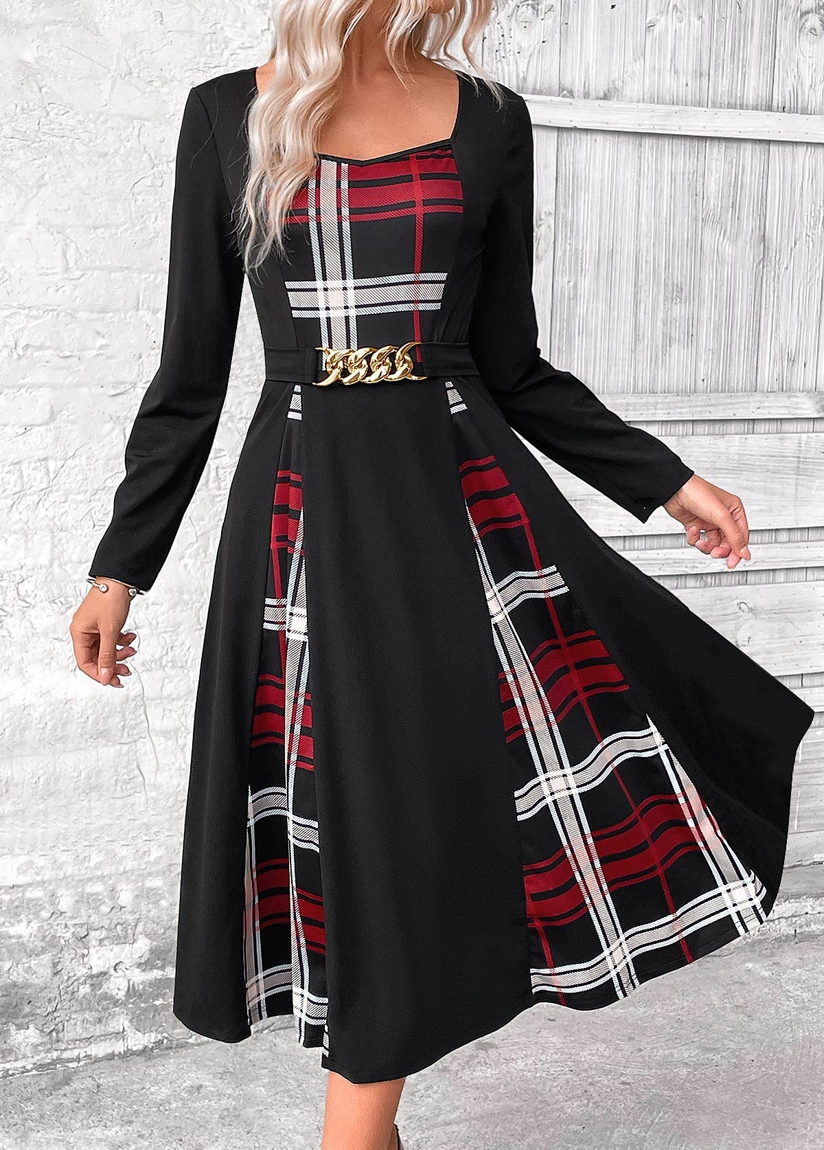 Black Patchwork Plaid Belted Long Sleeve Square Neck Dress | picture 