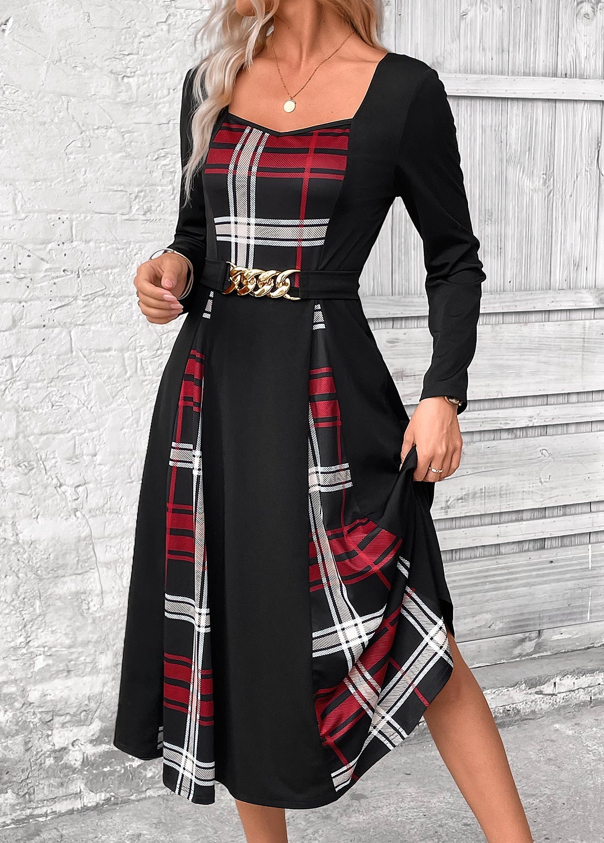 Black Patchwork Plaid Belted Long Sleeve Square Neck Dress | picture 