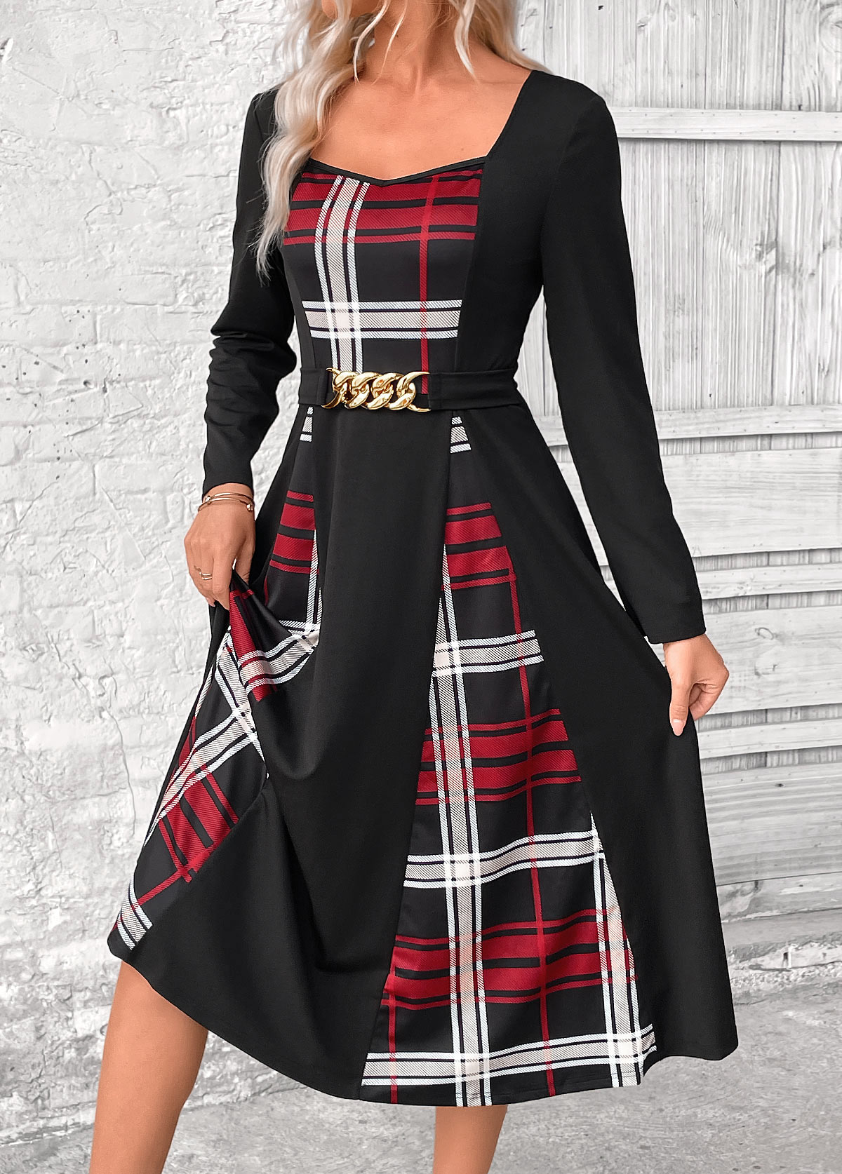 Black Patchwork Plaid Belted Long Sleeve Square Neck Dress | picture 