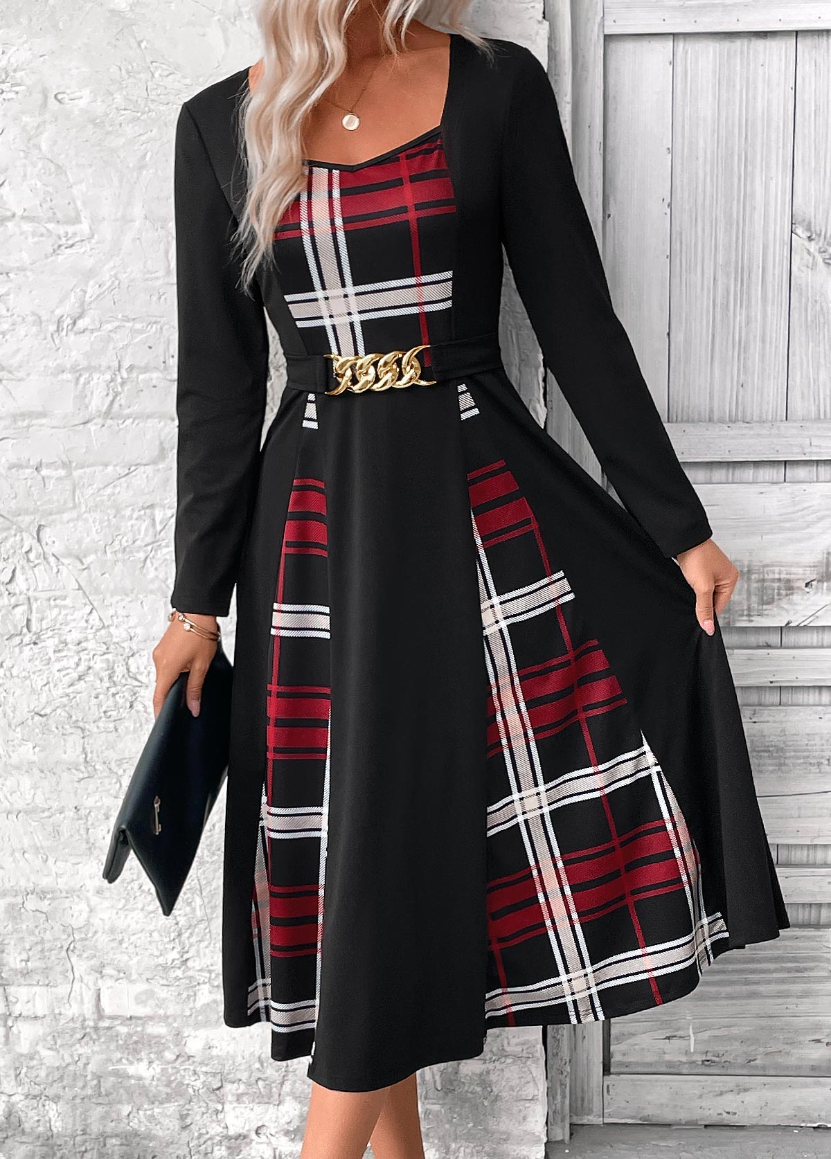 Black Patchwork Plaid Belted Long Sleeve Square Neck Dress | picture 