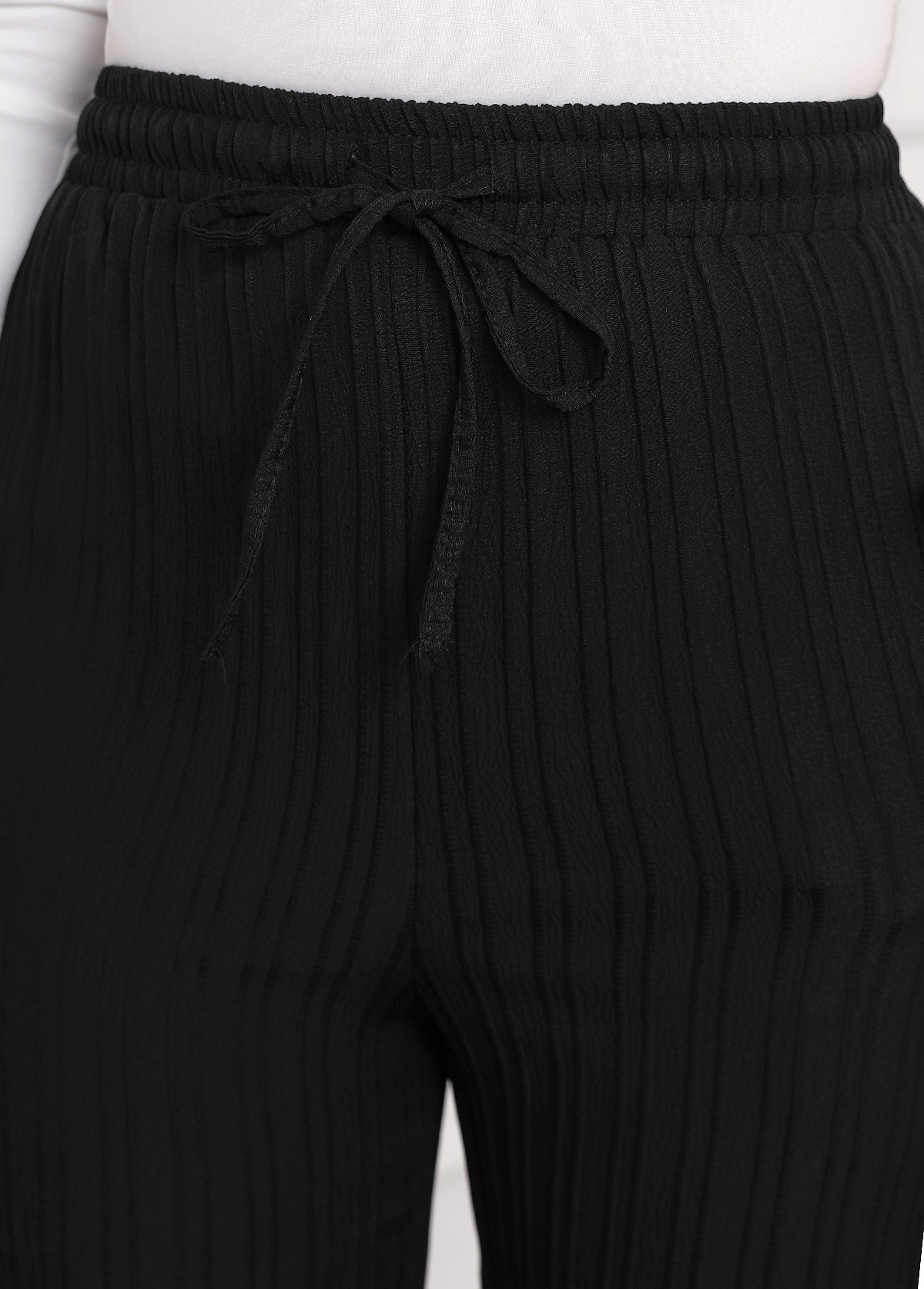 Black Textured Fabric Drawastring High Waisted Pants | picture 