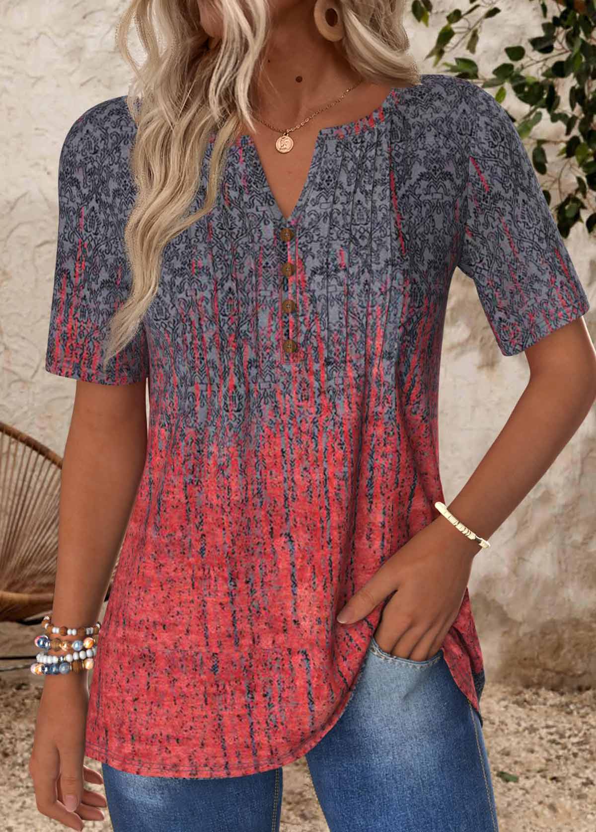 Deep Red Ombre Tuck Stitch Short Sleeve T-Shirt – Tummy Coverage Tunic Top